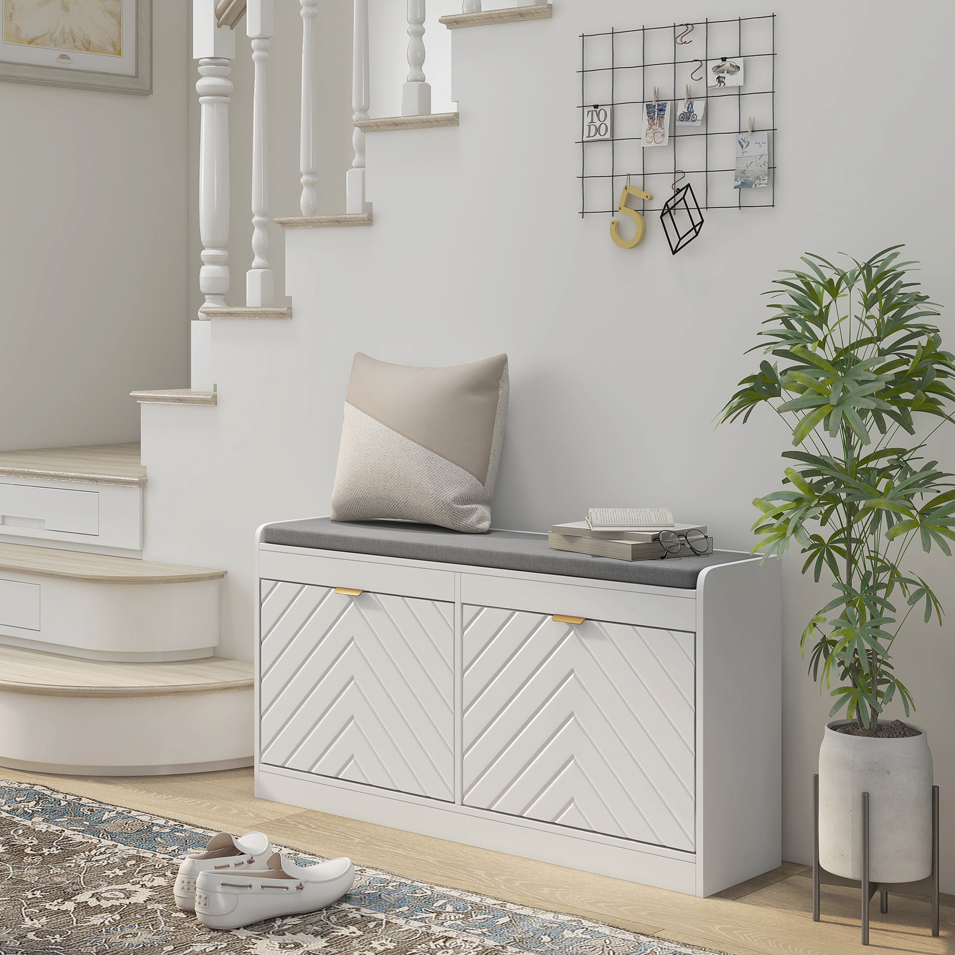 Homcom Shoe Bench, Entryway Bench With 2 Flip Drawers, Seating Cushion, And 2 Vents For 8 Pairs Of Shoes For Hallway, White White Mdf