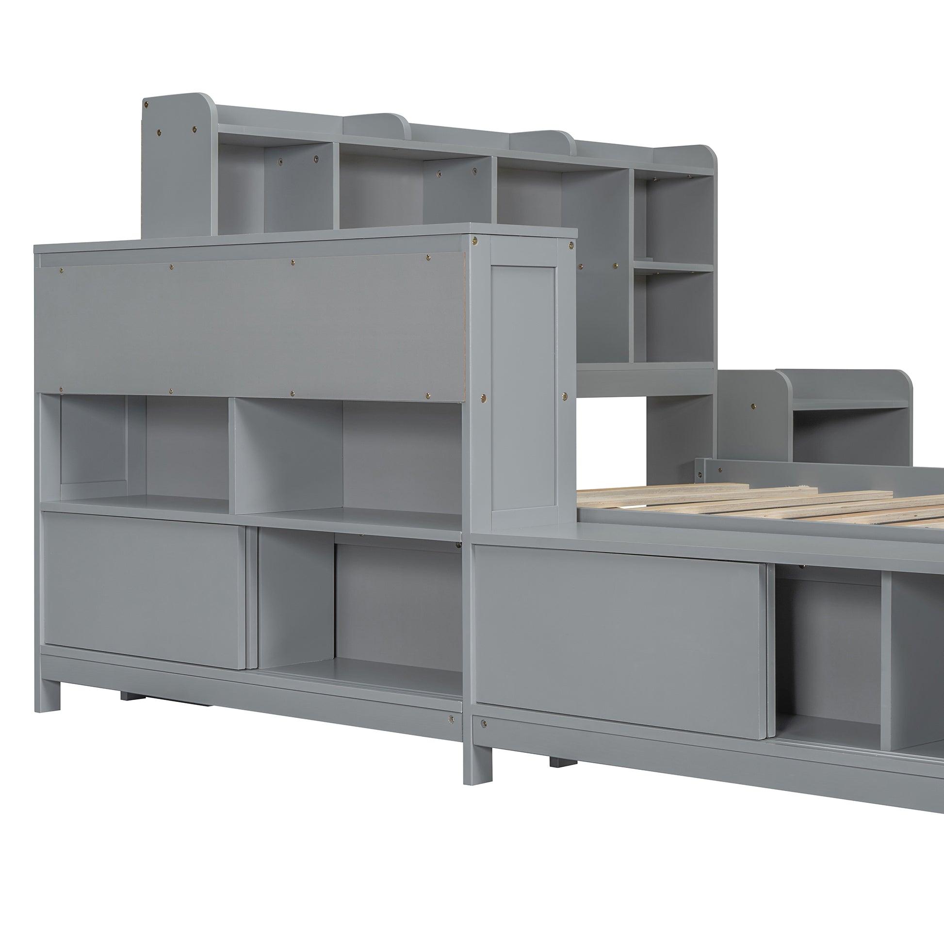 Full Size Wooden Platform Bed With Multi Functional Storage Space, Nightstand, 2 Drawers, Usb Ports And Desk, Gray Full Gray Wood