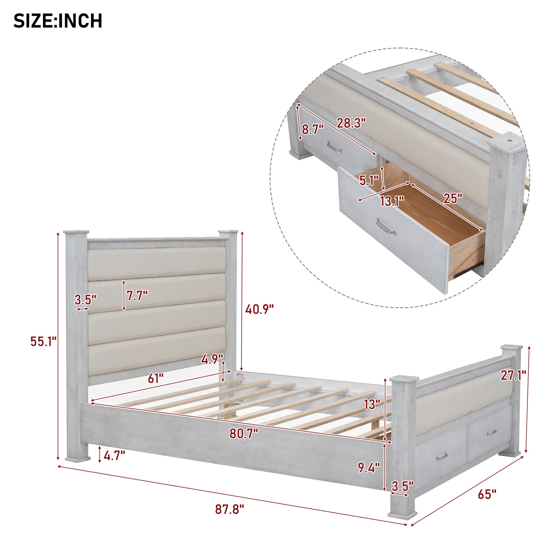 Queen Size Wood Frame Platform Bed With Upholstered Headboard, Footboard And 2 Drawers, Antique White Box Spring Not Required Queen Antique White Wood Bed Frame Solid Wood Mdf