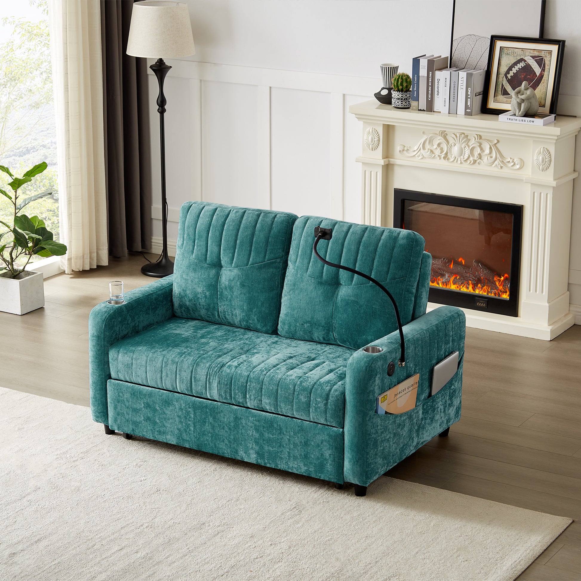 53.9" Modern Loveseat Pull Out Sofa Bed With Adjustable Backrest, Two Cup Holdersa Phone Holder, Three Charging Ports And Side Storage Pockets For Living Room, Teal Teal Foam Chenille