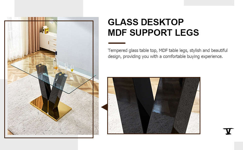 Table And Chair Set. A Rectangular Glass Dining Table With A 0.4 Inch Tempered Glass Tabletop And Mdf Board V Shaped Bracket, Paired With Chairs Consisting Of Pu Seat Cushions And Golden Metal Legs. White Black Seats 4 Tempered Glass