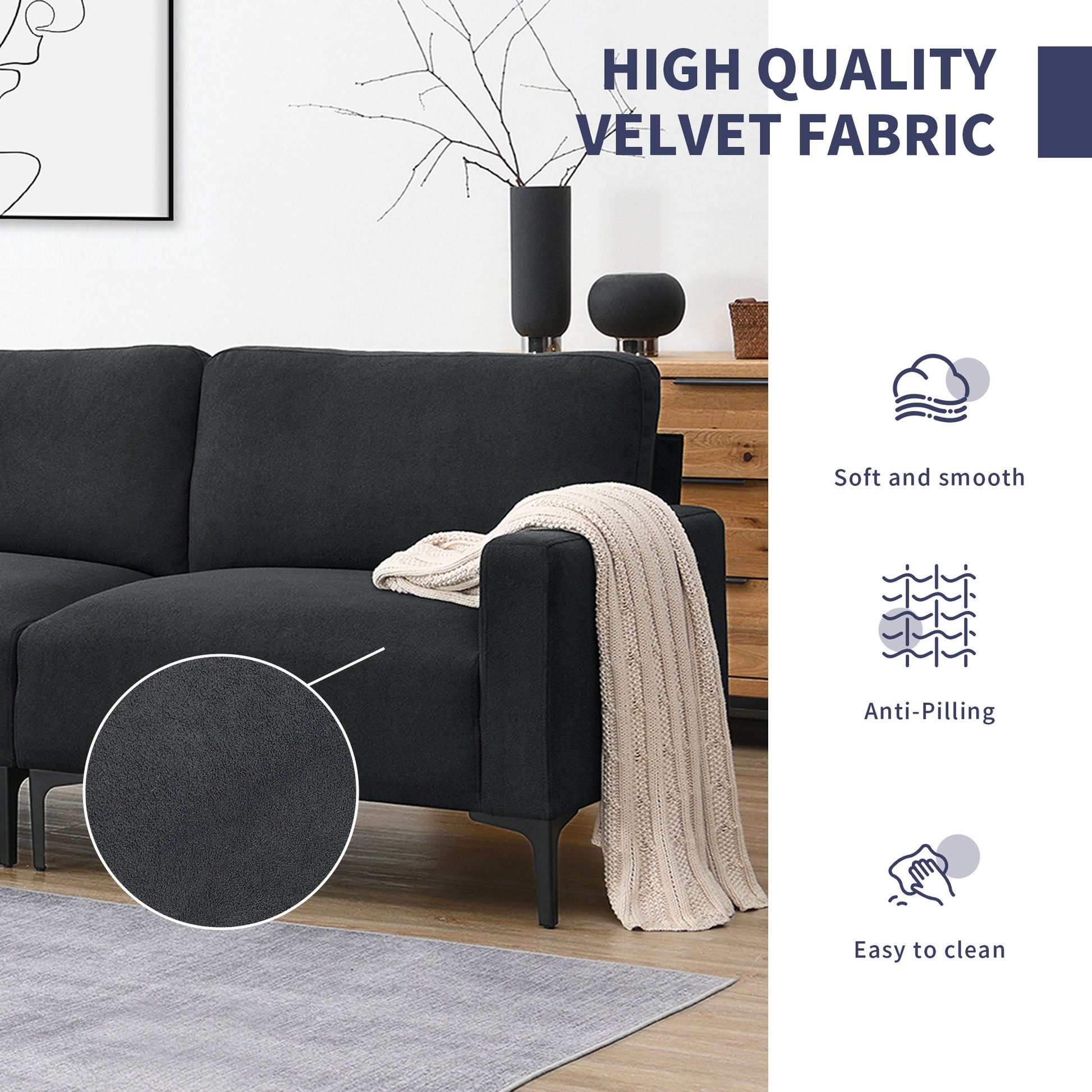 103.5*59" Modern L Shaped Sectional Sofa, 4 Seat Velvet Fabric Couch Set With Convertible Ottoman,Freely Combinable Sofa For Living Room, Apartment, Office,Apartment,2 Colors Dark Grey Velvet 4 Seat