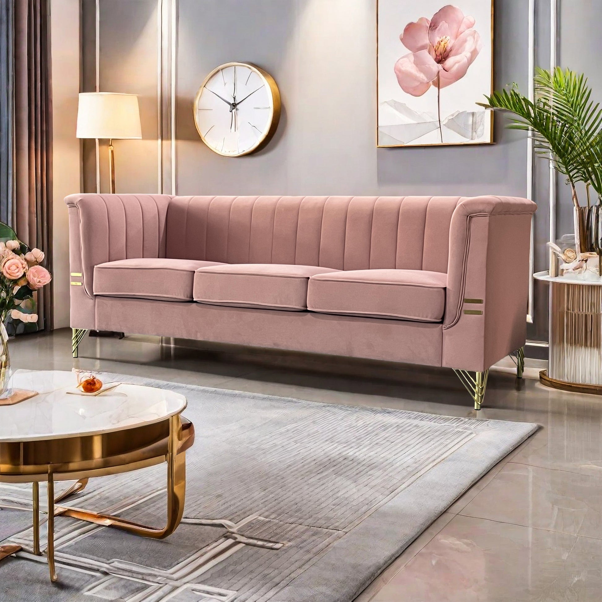 Fx P82 Pk Sofa Modern Designs Velvet Upholstered Living Room Sofa, 3 Seat Sofa Couch With Golden Metal Legs For Home, Apartment Or Office Pink Sofa Pink Velvet 3 Seat