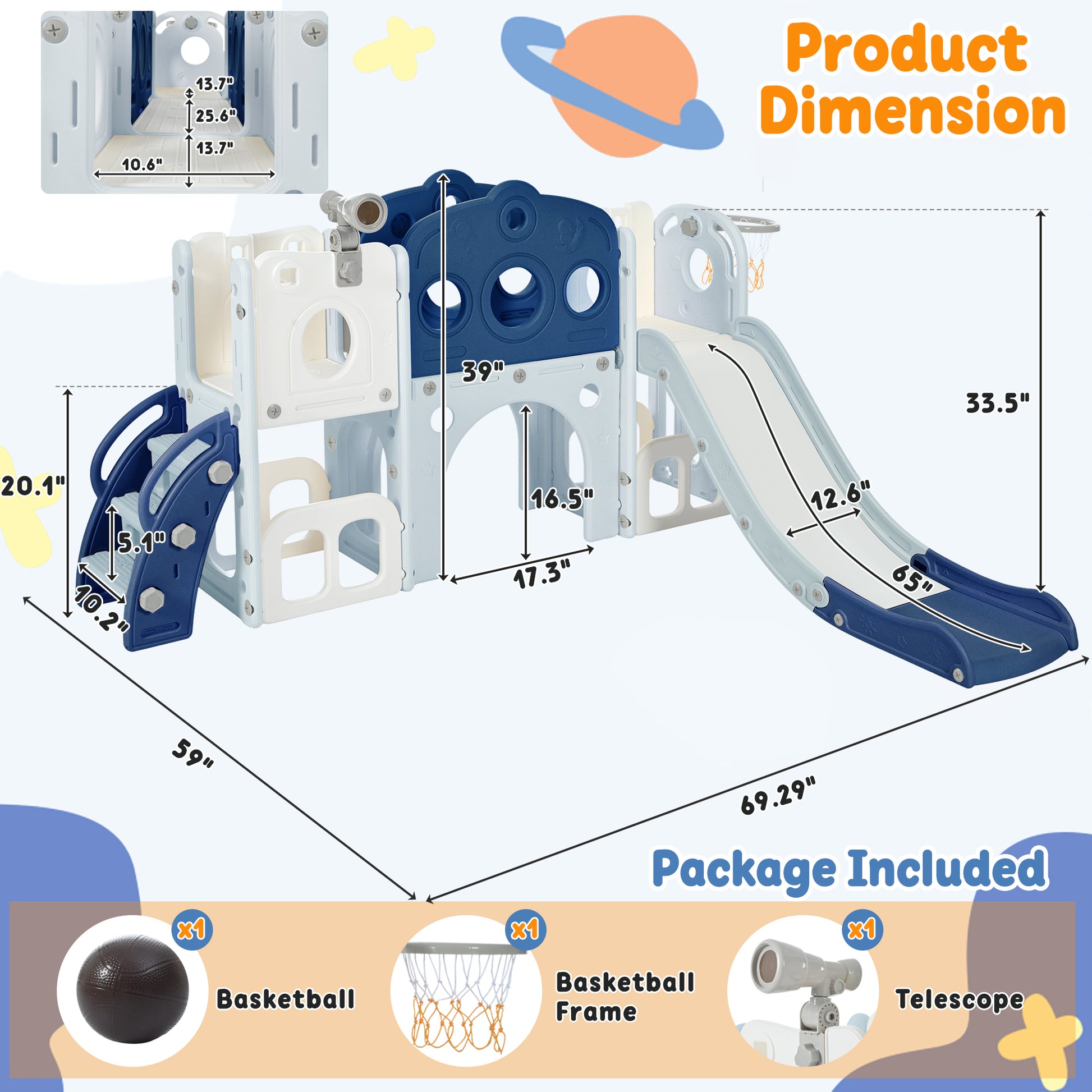 7 In 1 Toddler Slide Set, Freestanding Space Set With Slide, Kids Slide Playset Structure, Arch Tunnel And Basketball Hoop, Toy Storage Organizer For Toddlers, Kids Climbers Playground Blue 50 99 Lbs Cute 1 To 2 Years Hdpe Indoor & Outdoor Use