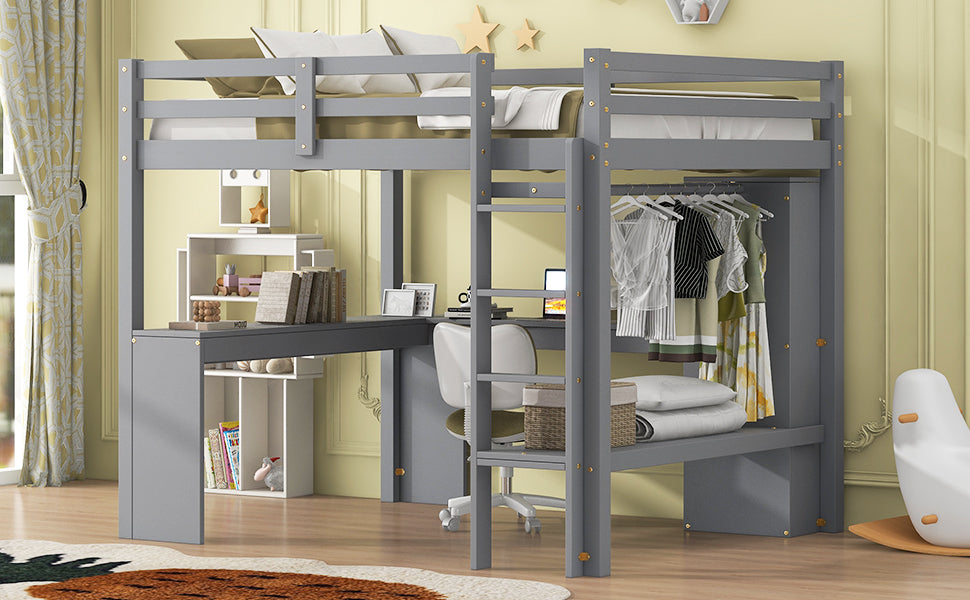Full Size Loft Bed With L Shaped Desk, Wardrobe And Storage Shelves, Grey Box Spring Not Required Full Grey Wood Bedroom Solid Wood Mdf