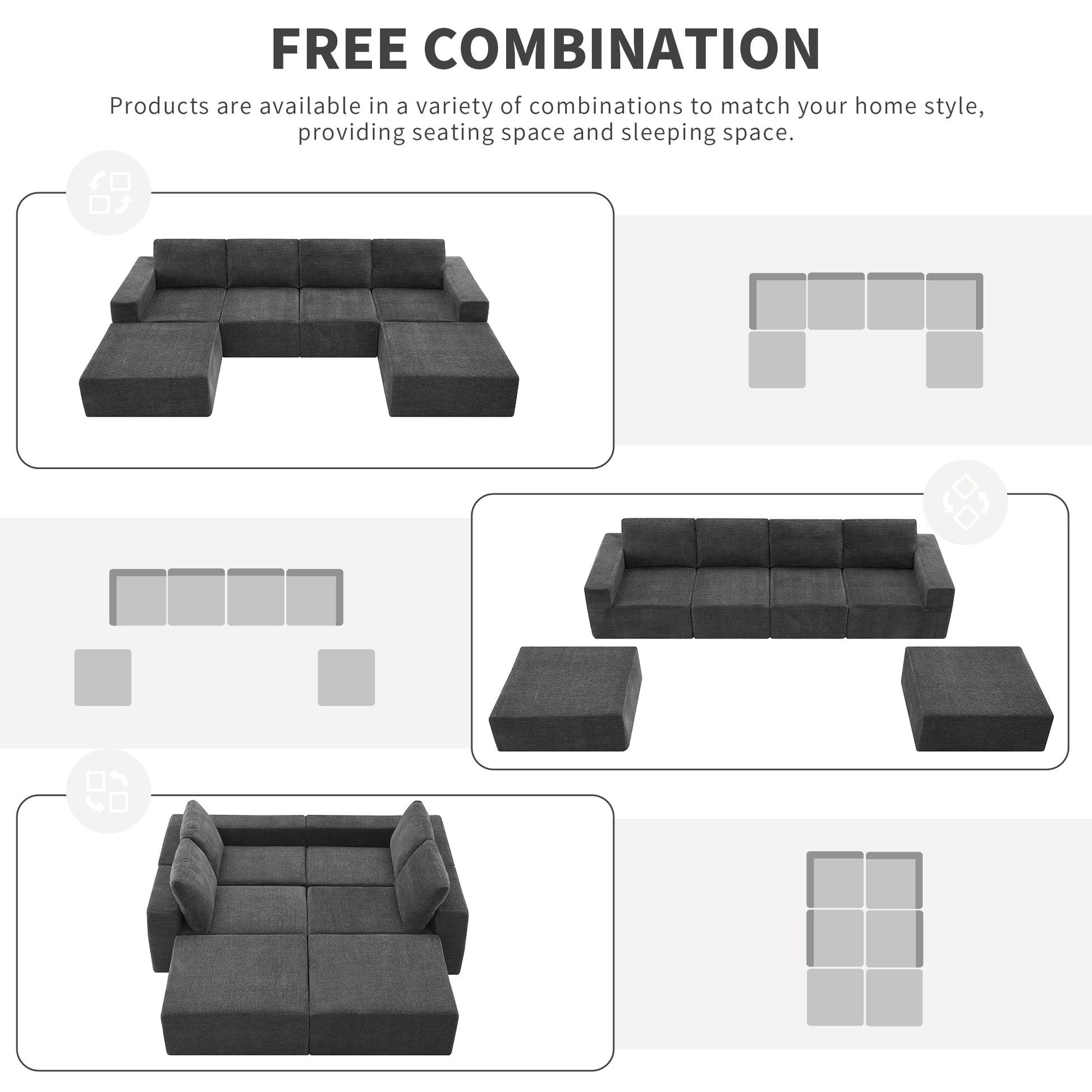 110*72" Modular U Shaped Sectional Sofa,Luxury Chenille Floor Couch Set,Upholstered Indoor Furniture,Foam Filled Sleeper Sofa Bed For Living Room,Bedroom,Free Combination,3 Colors Dark Gray Polyester 6 Seat