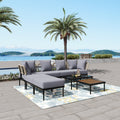 8 Piece Patio Sectional Sofa Set With Tempered Glass Coffee Table And Wooden Coffee Table For Outdoor Oasis, Garden, Patio And Poolside Light Grey Cushion Black Steel Light Grey Iron