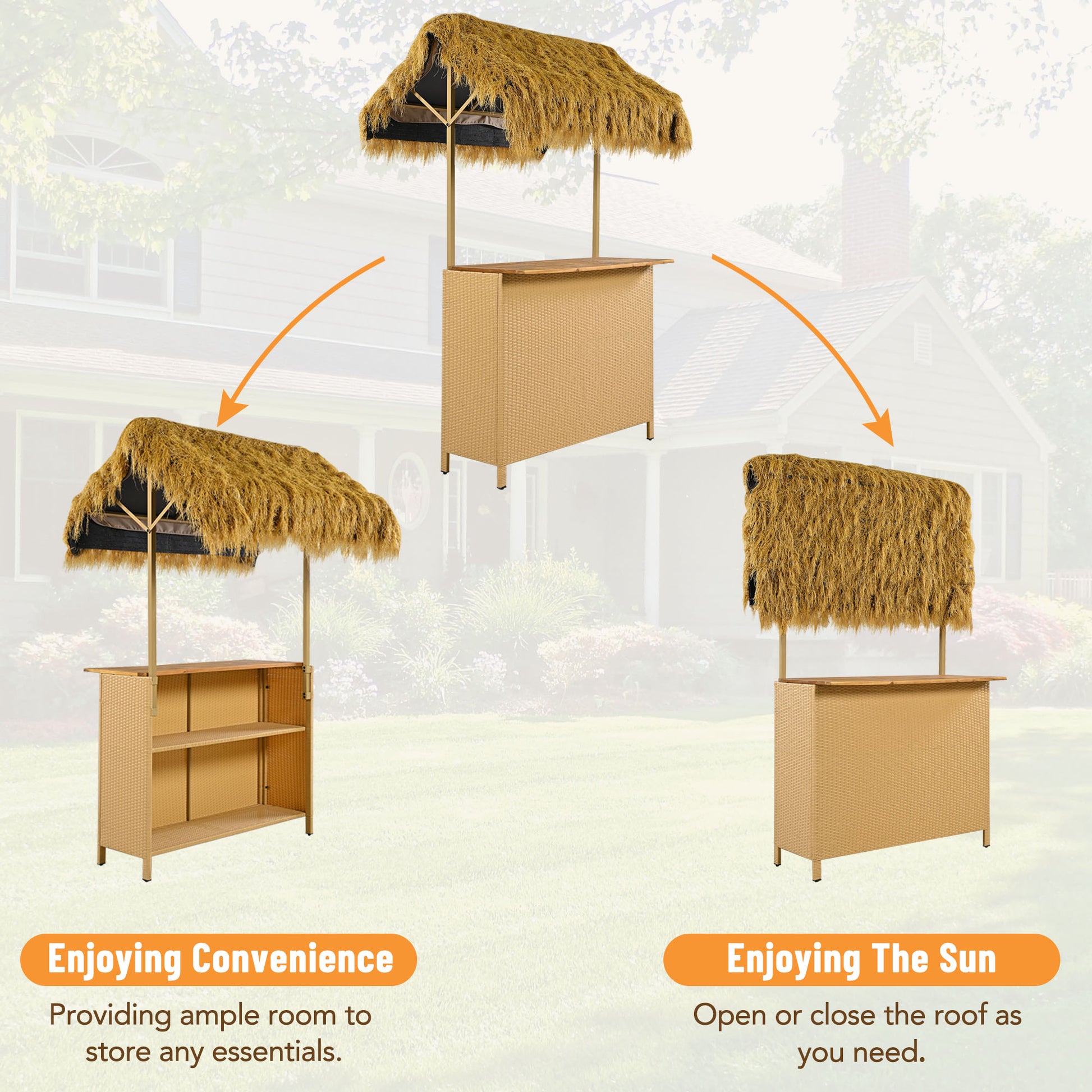 Hawaiian Style Bar Height Patio Set With Pe Grass Canopy, Outdoor Bar Table And Stools With Adjustable Feet, Acacia Wood Top, For Dining And Drinking, Natural Antique Natural Seats 2 Garden & Outdoor Wicker