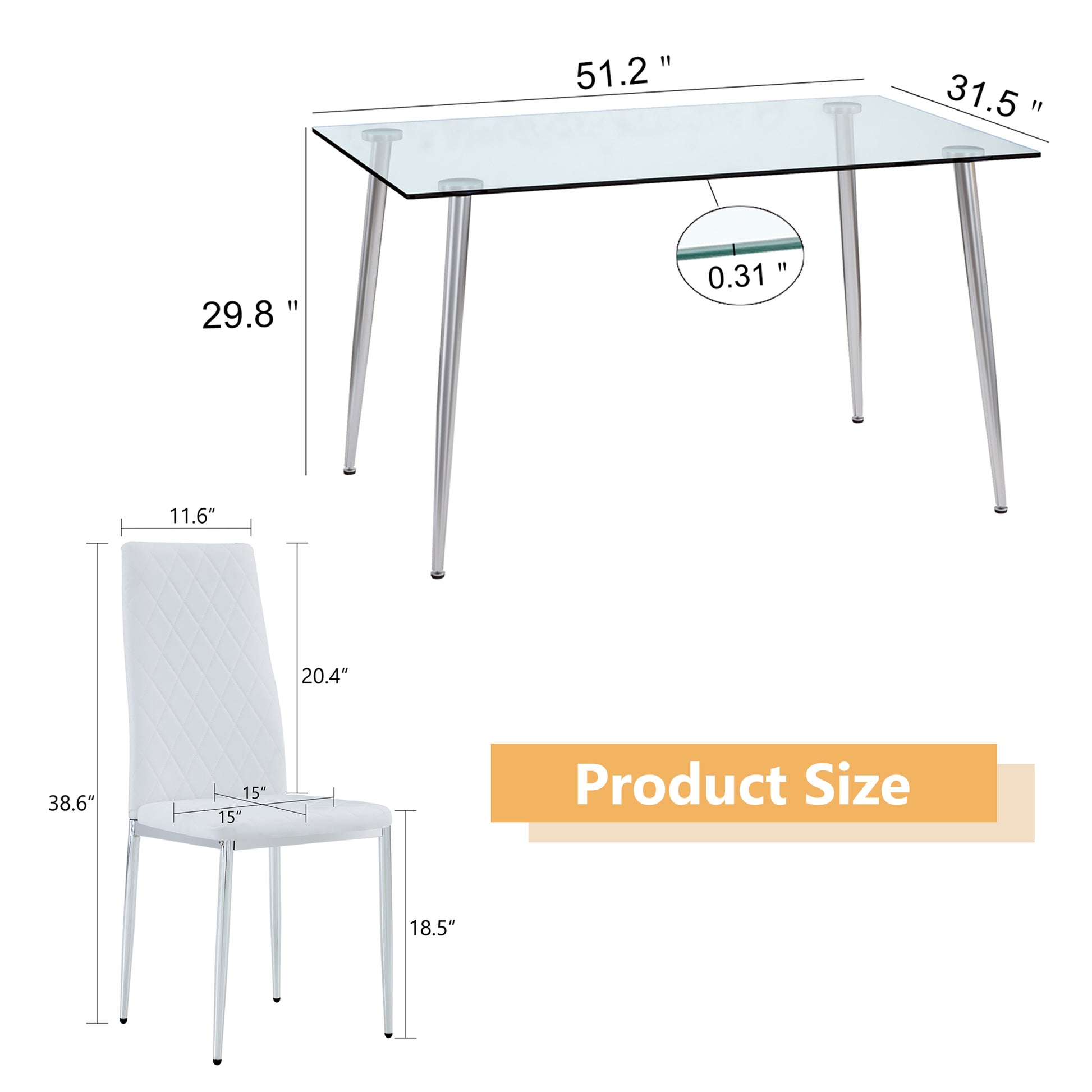 Table And Chair Set.Rectangular Dining Table With Tempered Glass Tabletop And Silver Plating Metal Legs.Paired With 6 Checkered Armless High Back White Chairs With Electroplated Metal Legs. White Seats 6 Glass Metal