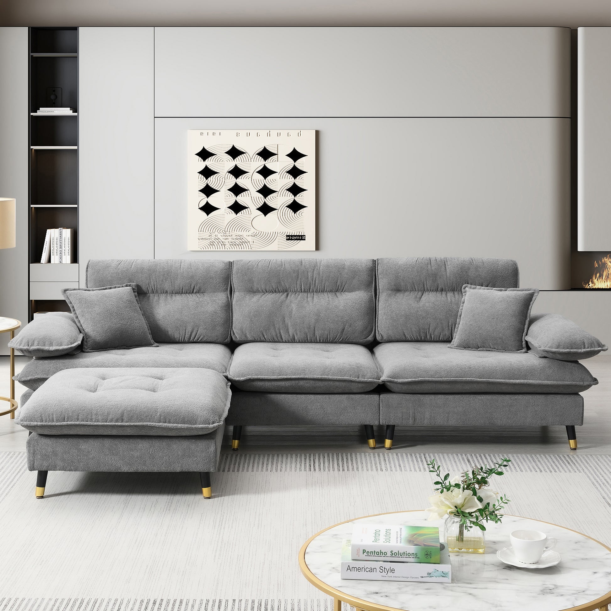 106*66.5" L Shaped Convertible Sectional Sofa,4 Seat Tufted Couch Set With Two Tone Adjust Legs,Cloud Chenille Fabric,Movable Ottoman For Living Room, Apartment,Office,3 Colors Gray Chenille 4 Seat