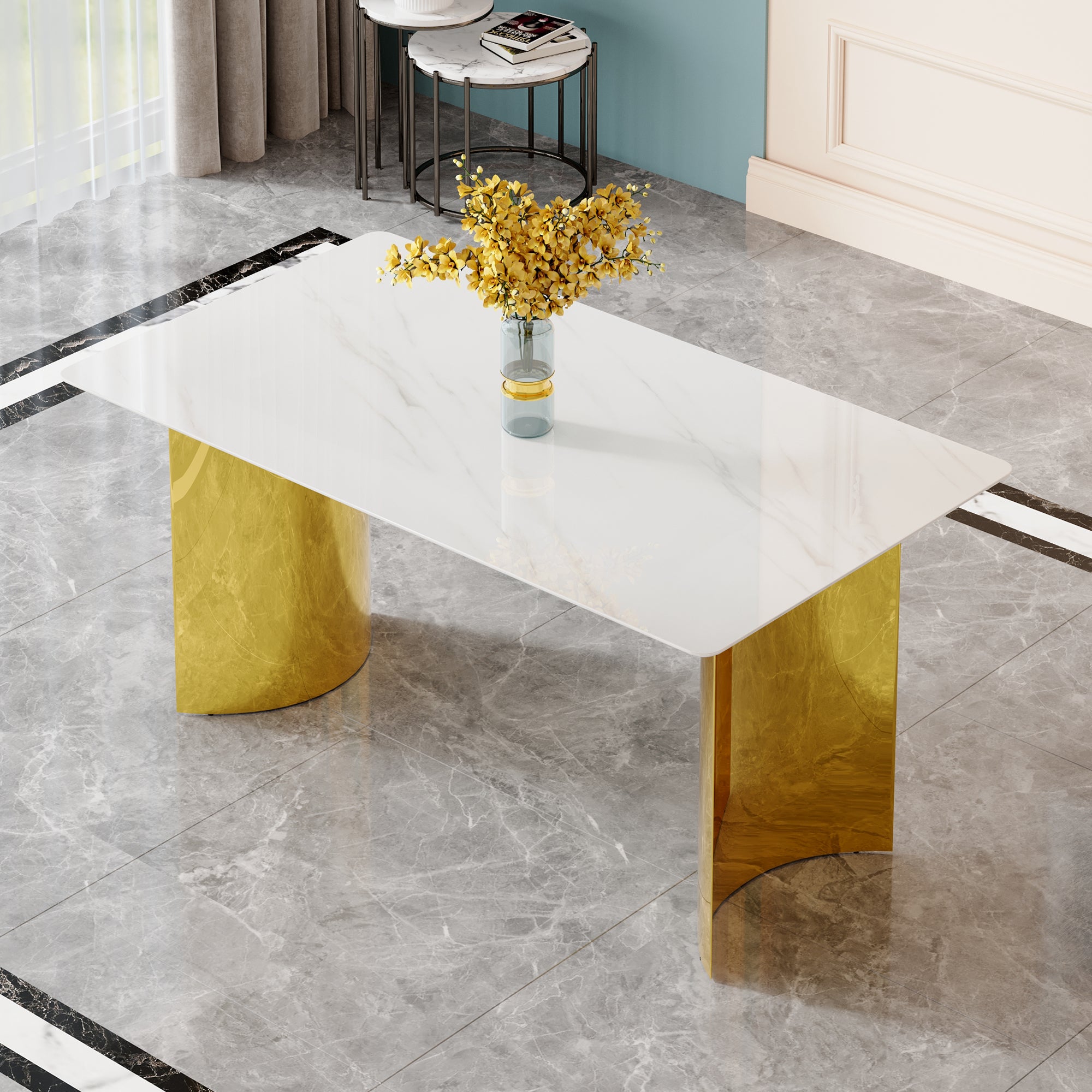 Modern Minimalist Dining Table. White Imitation Marble Glass Sticker Tabletop, Golden Table Legs, Stable And Beautiful. Suitable For Living Room And Dining Room 63" *35.4" *30 Dt 69 White Glass