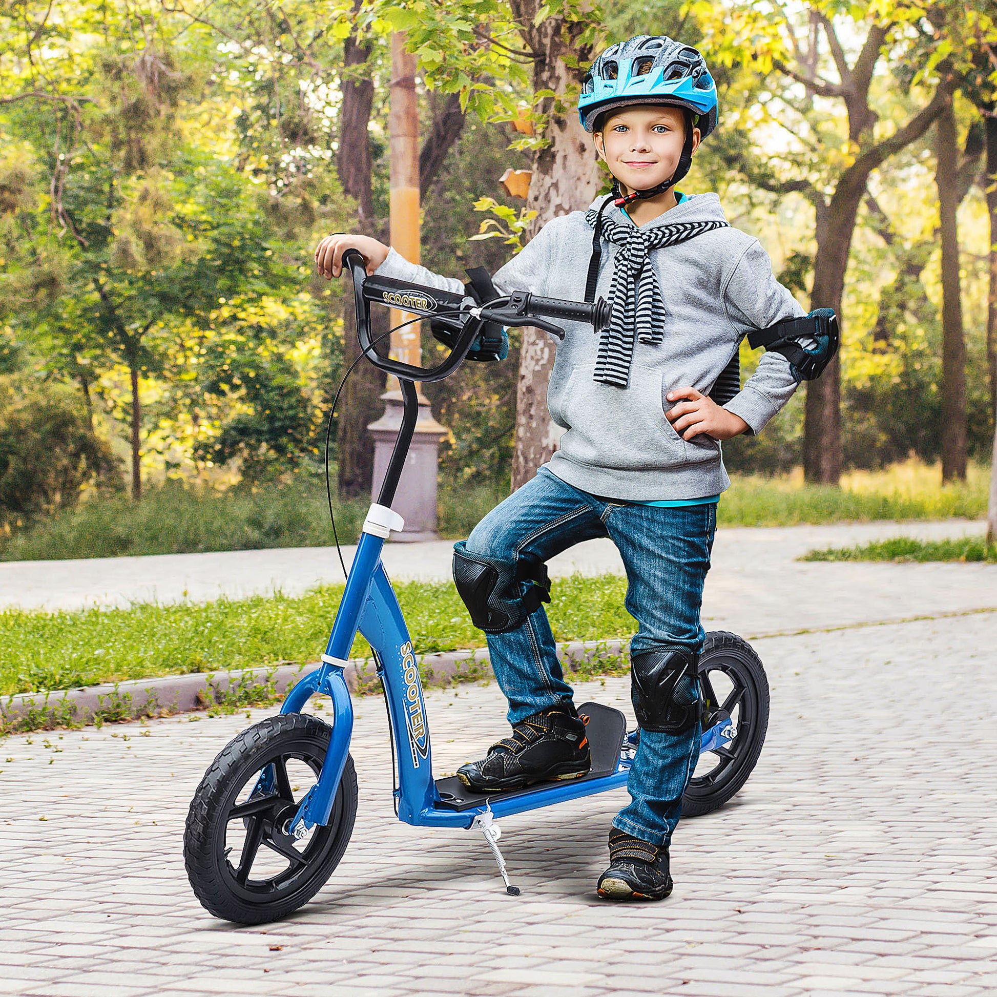 Homcom Kick Scooter For Kids 5 12 Years Old, Big Wheel Kids Scooter With Adjustable Height Handlebar, Non Slip Footplate, Rear Brake, Blue Blue Steel