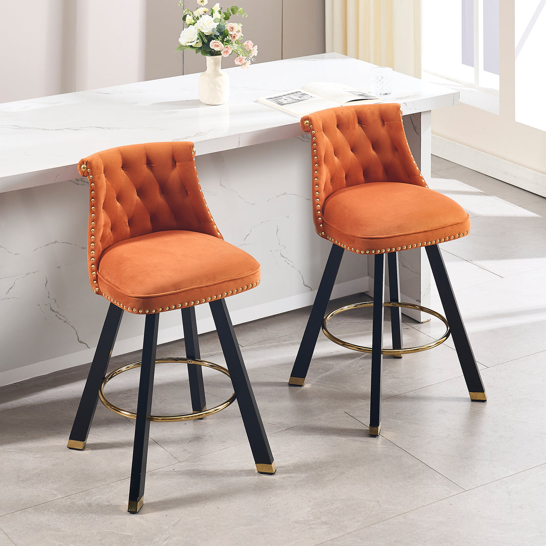 Coolmore Set Of 2,Back Pull Point Design, Velvet Material, 360 Degree Rotation, Back Pull Loop Detachable Design, Rivet Decoration, Square Foot Wooden Bar Chair Orange Velvet