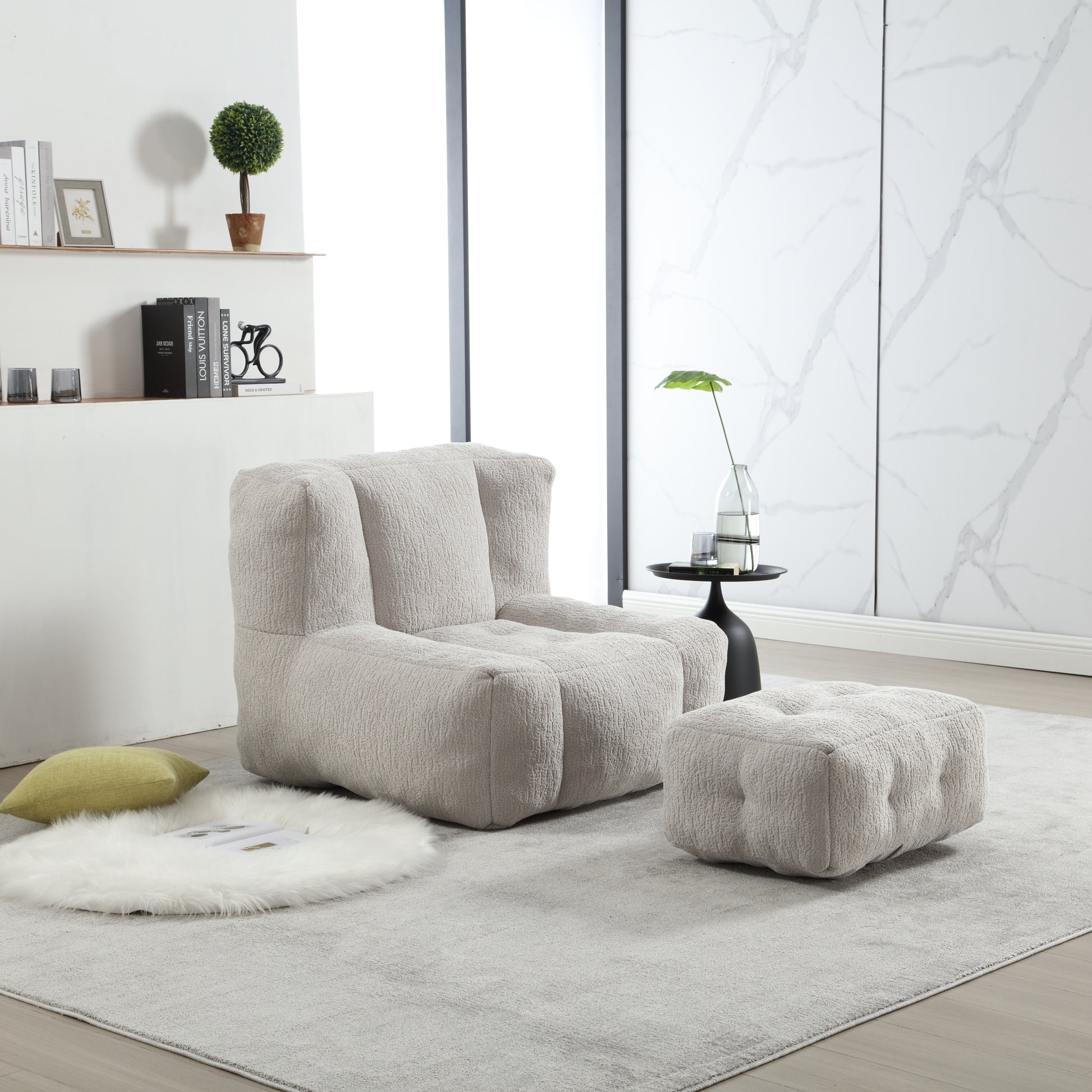 Fluffy Bean Bag Chair, Comfortable Bean Bag For Adults And Children, Super Soft Lazy Sofa Chair With Memory Foam And Ottoman, Indoor Modern Focus Bean Bag Chair For Living Room, Bedroom, Apartment Light Grey Velvet