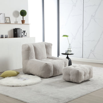 Fluffy Bean Bag Chair, Comfortable Bean Bag For Adults And Children, Super Soft Lazy Sofa Chair With Memory Foam And Ottoman, Indoor Modern Focus Bean Bag Chair For Living Room, Bedroom, Apartment Light Grey Velvet