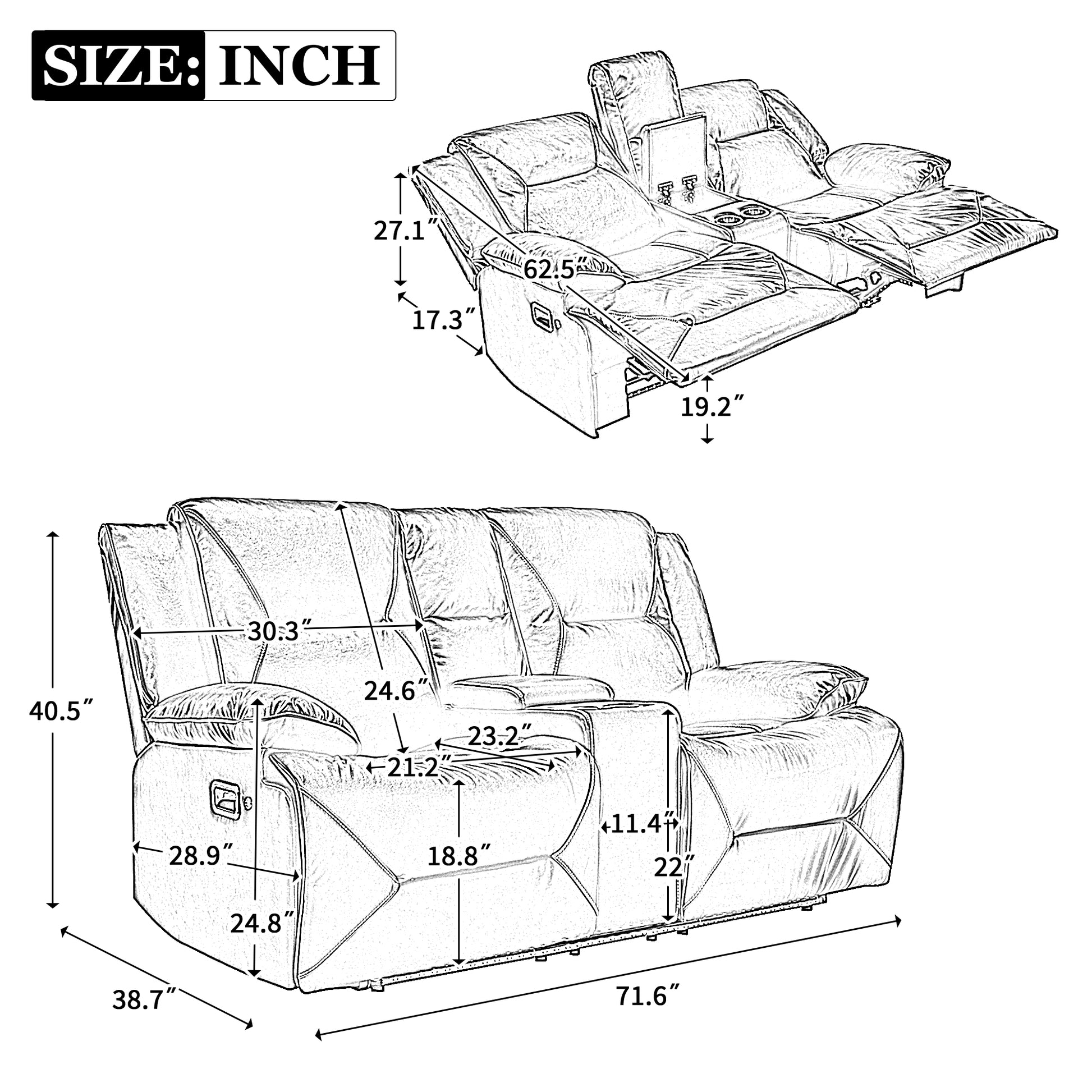 2 Seater Home Theater Recliner Manual Recliner Chair With A Led Light Strip Two Cup Holders And A Storage Box For Living Room,Bedroom, Black Black Foam Pu