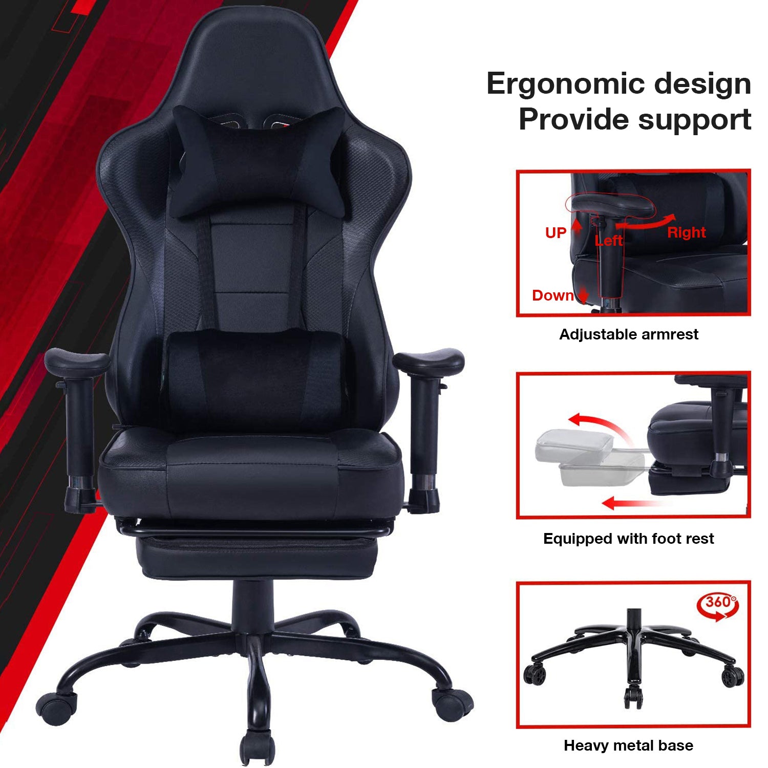 Game Chair, Ergonomiy Designed Computer Chair With Headrest And 2D Armrests, Waist Pillow Electronic Lounge Chair With Vibration Massage Function, Competitive Chair Iron Black Cotton Leather