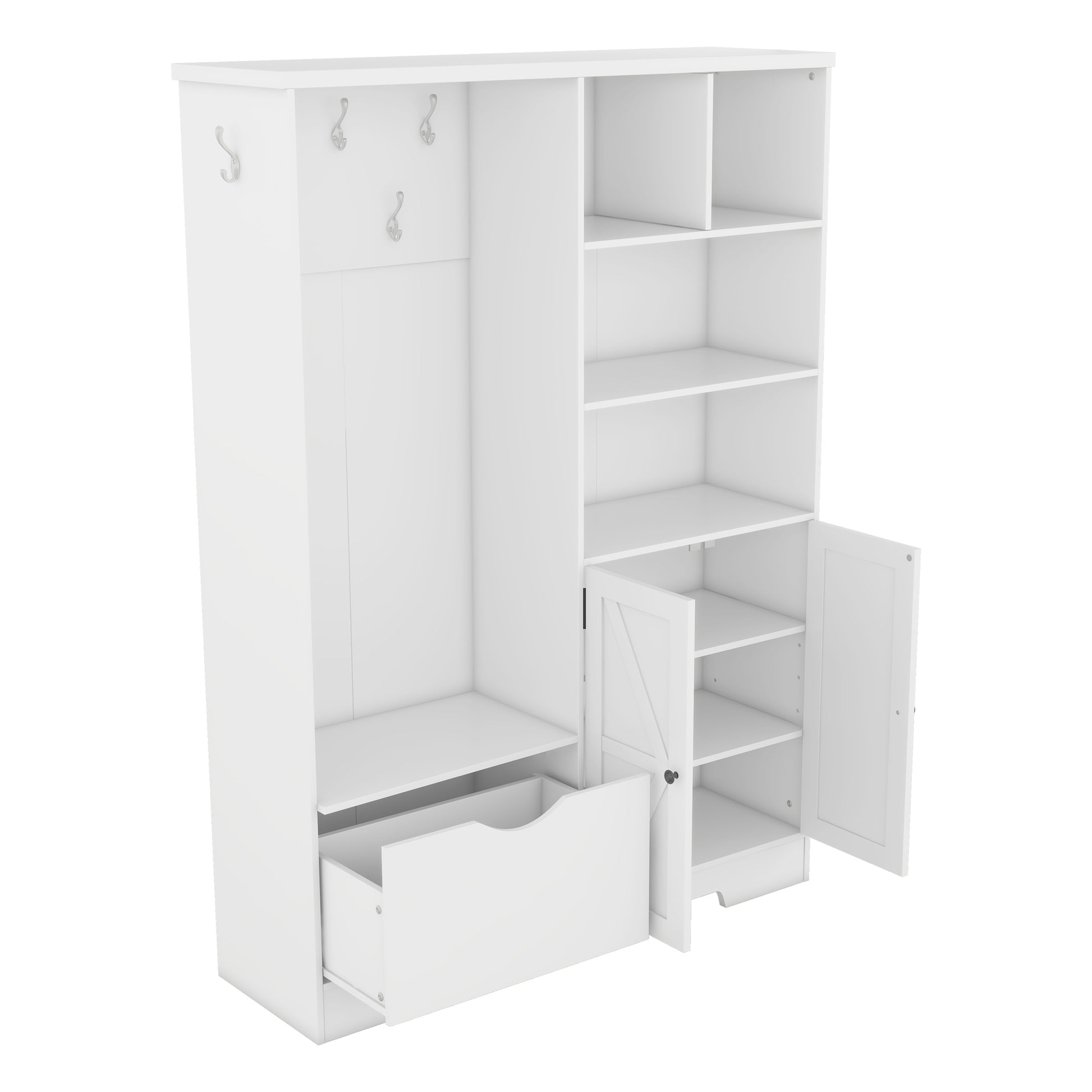 Multi Functional Hall Tree With Storage Shelves Drawers And Cabinet, Elegant Hallway Shoe Cabinet With Bench, Modern Coat Rack With Hooks For Hallway Entryways, White Soft White Particle Board Mdf