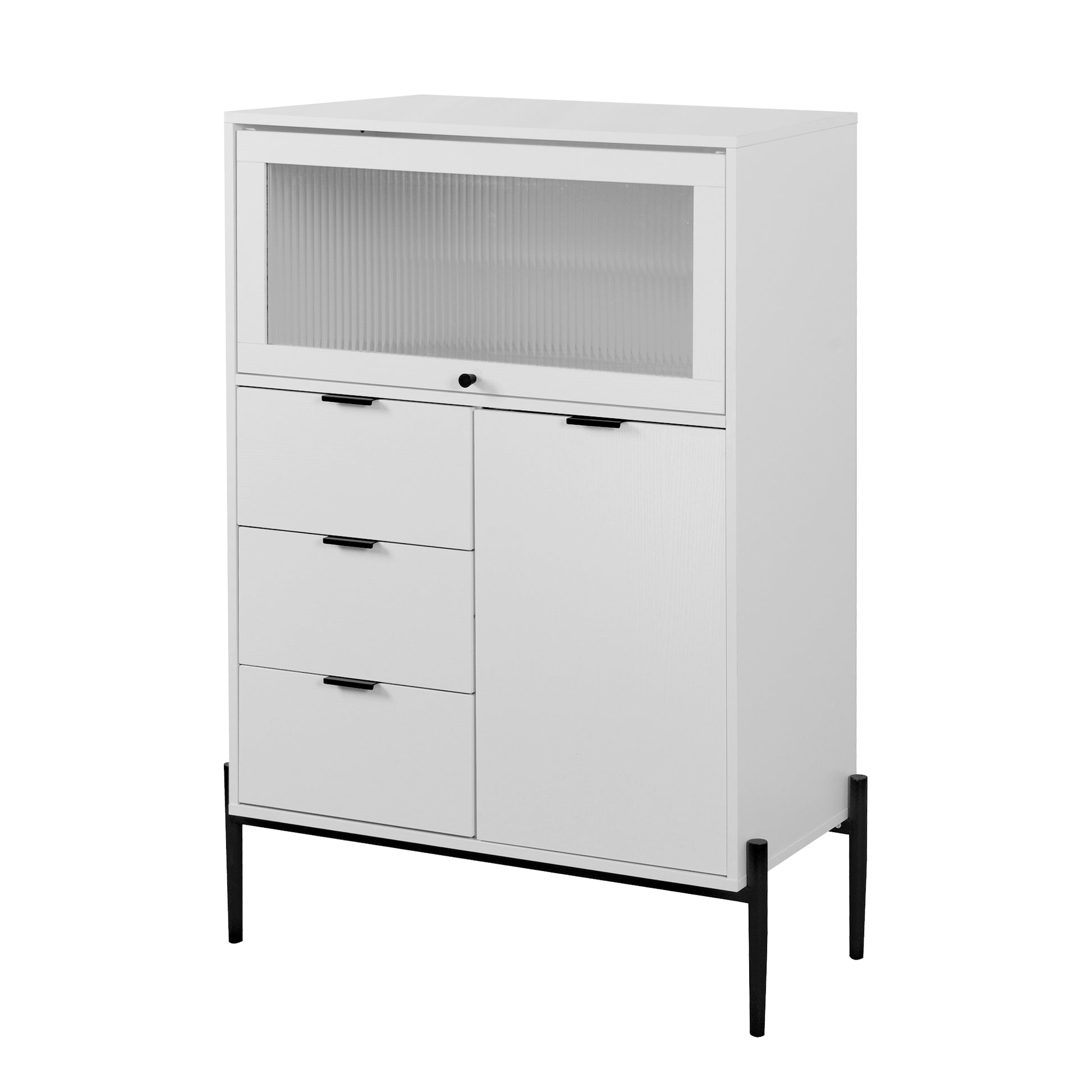 Sideboard With 3 Drawers ,1 Door And 1 Glass Door Wood Cabinet With Storage For Kitchen, Dining Room, Hallway 33.46" X 15.74" X 47.2" 5 Or More Spaces White White Glass Doors Modern Particle Board