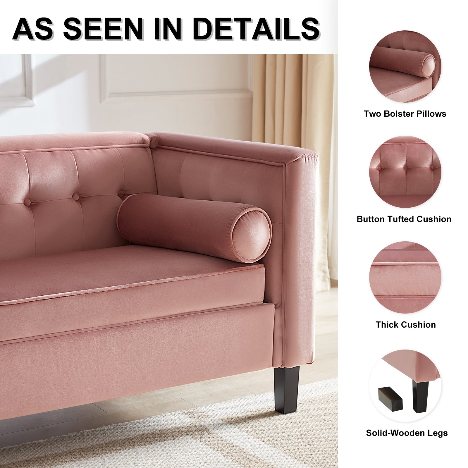Mid Century Velvet Sofa, Beautiful Seats Sofa Furniture With Bolster Pillows, Button Tufted Couch For Living Room, Tool Free Assembly, Pink Gray Wood Primary Living Space Heavy Duty Acacia 2 Seat