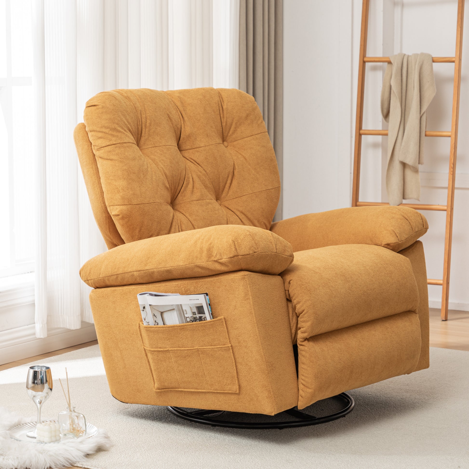 Yellow Relaxing Recliner Chair,Soft Artificial Fleece, Overstuffed, Swivel, Glider, Side Pocket Yellow Manual Push Button Wood Bedroom Medium Soft Tufted Back Heavy Duty Modern Push Button Oak