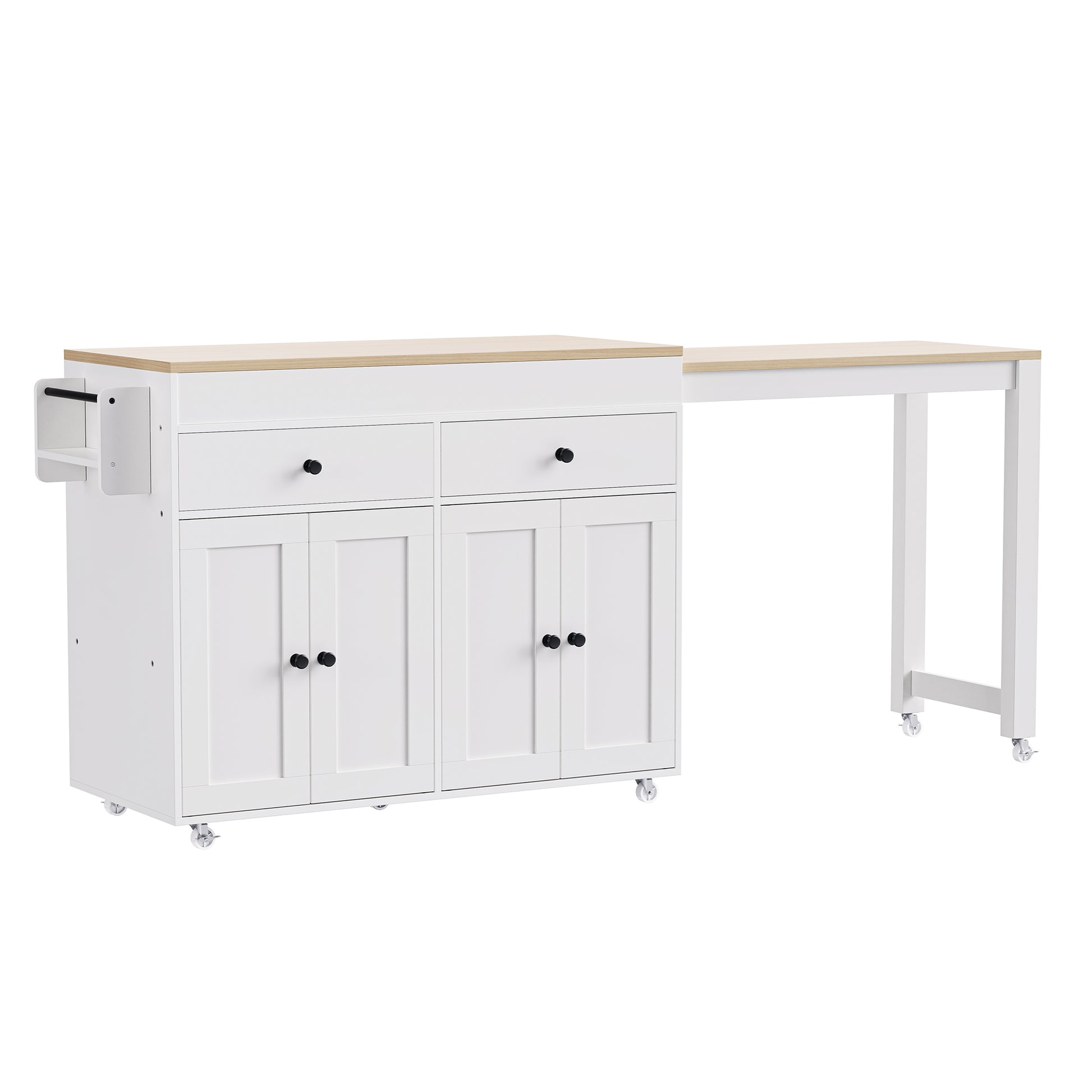 K&K 74.5 Inch Kitchen Island With Extendable Dining Tablerolling Kitchen Island On Wheels With Spice Rack And 2 Drawers, Kitchen Storage Cart With 4 Door Cabinet, For Kitchen, Dining Room, White Off