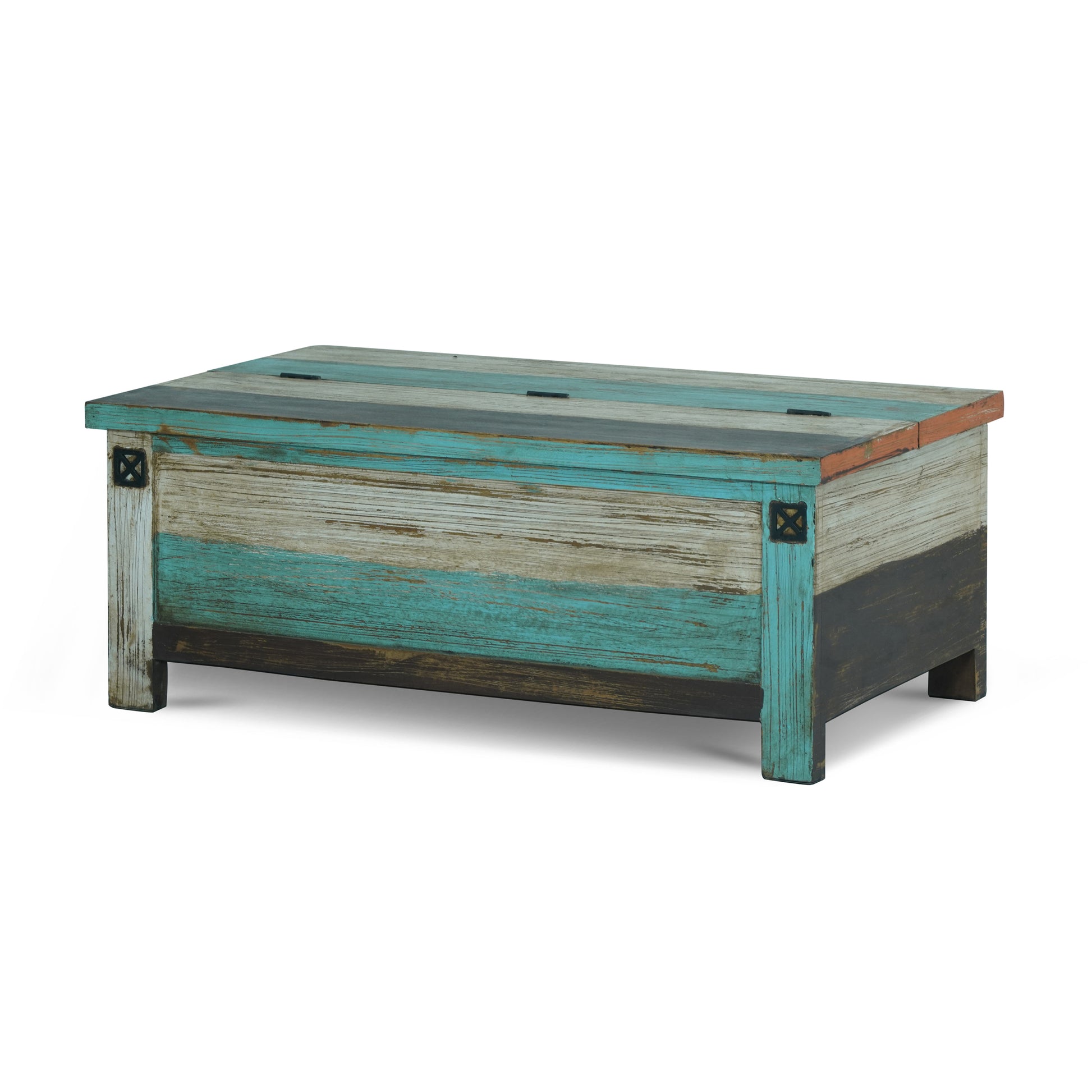 Mango Wood Handmade Distressed Storage Coffee Table Multicolor Metal & Wood