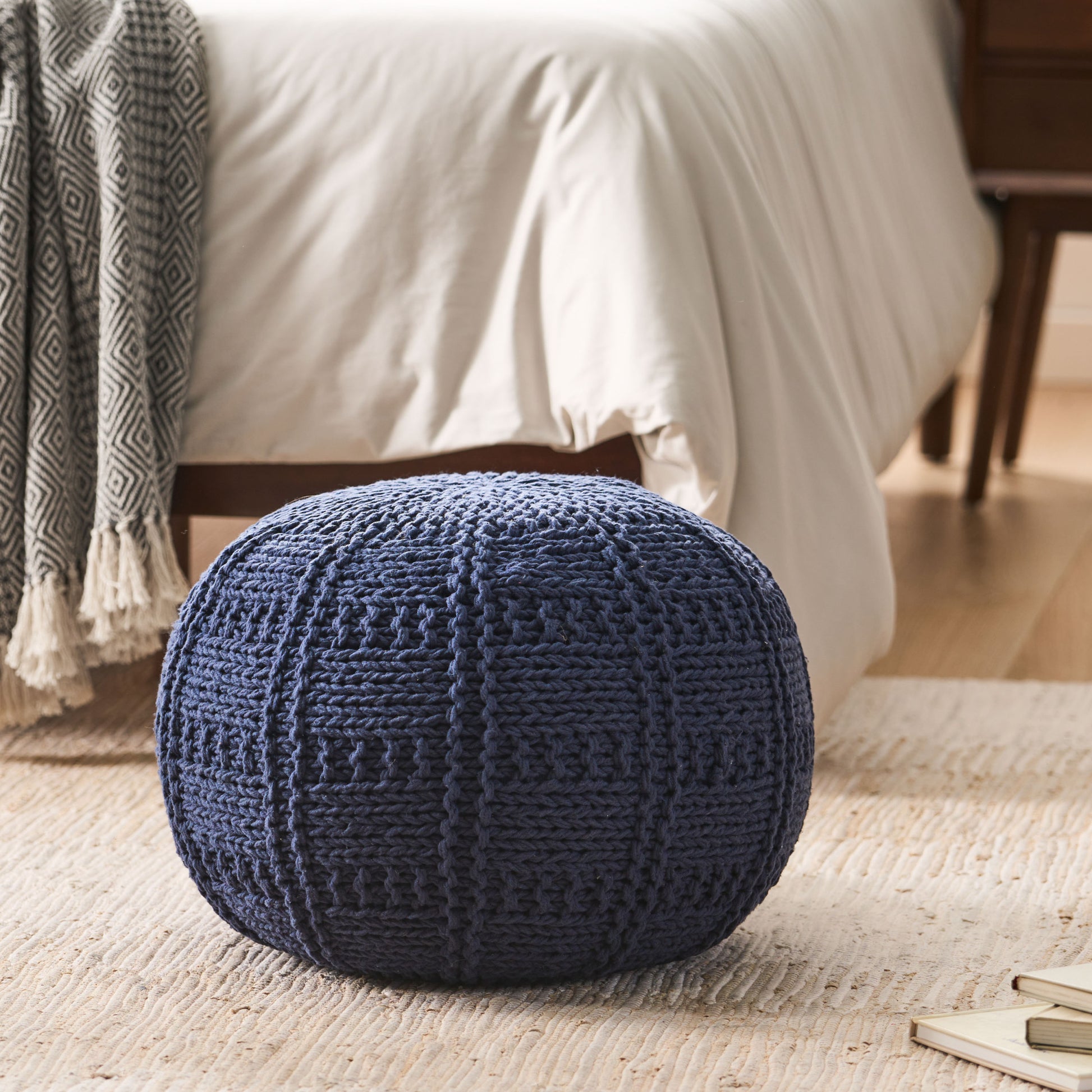 Yuny Knitted Cotton 20 X 20 Round Pouf Navy Cotton