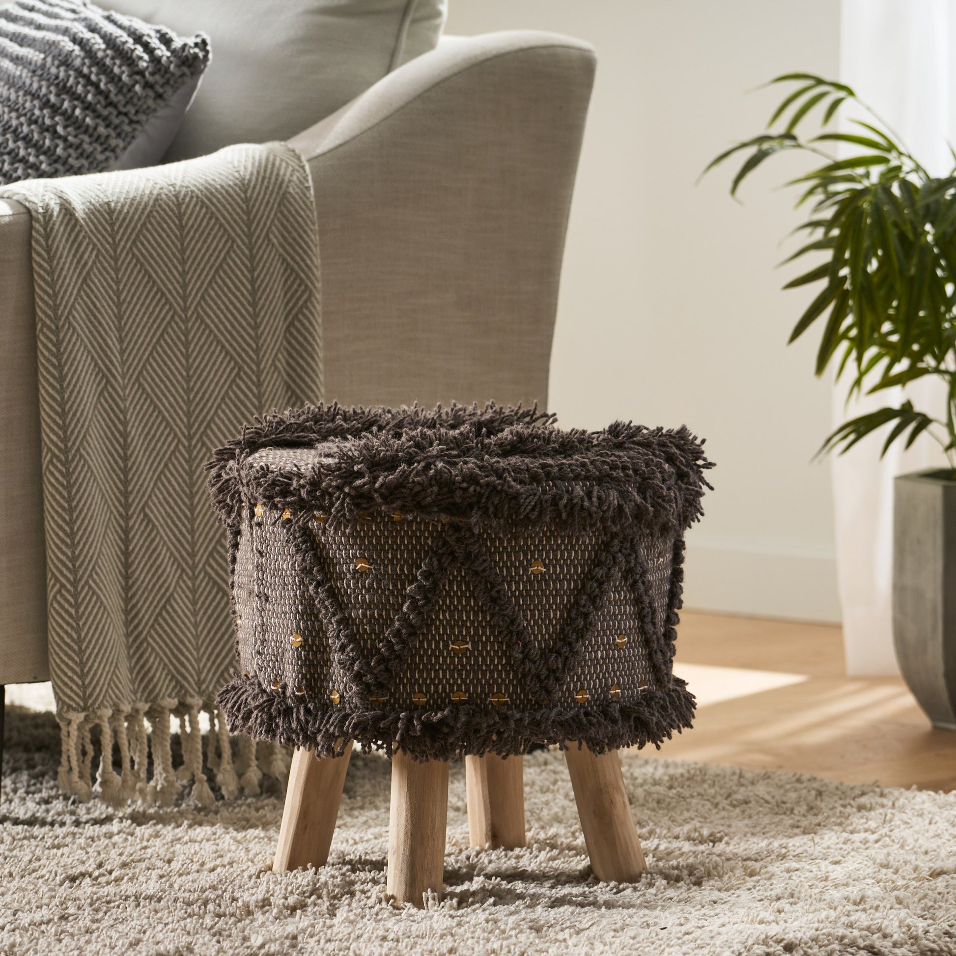 Roja Handcrafted Wool & Cotton 16 X 16 Foot Stool Dark Brown Wool