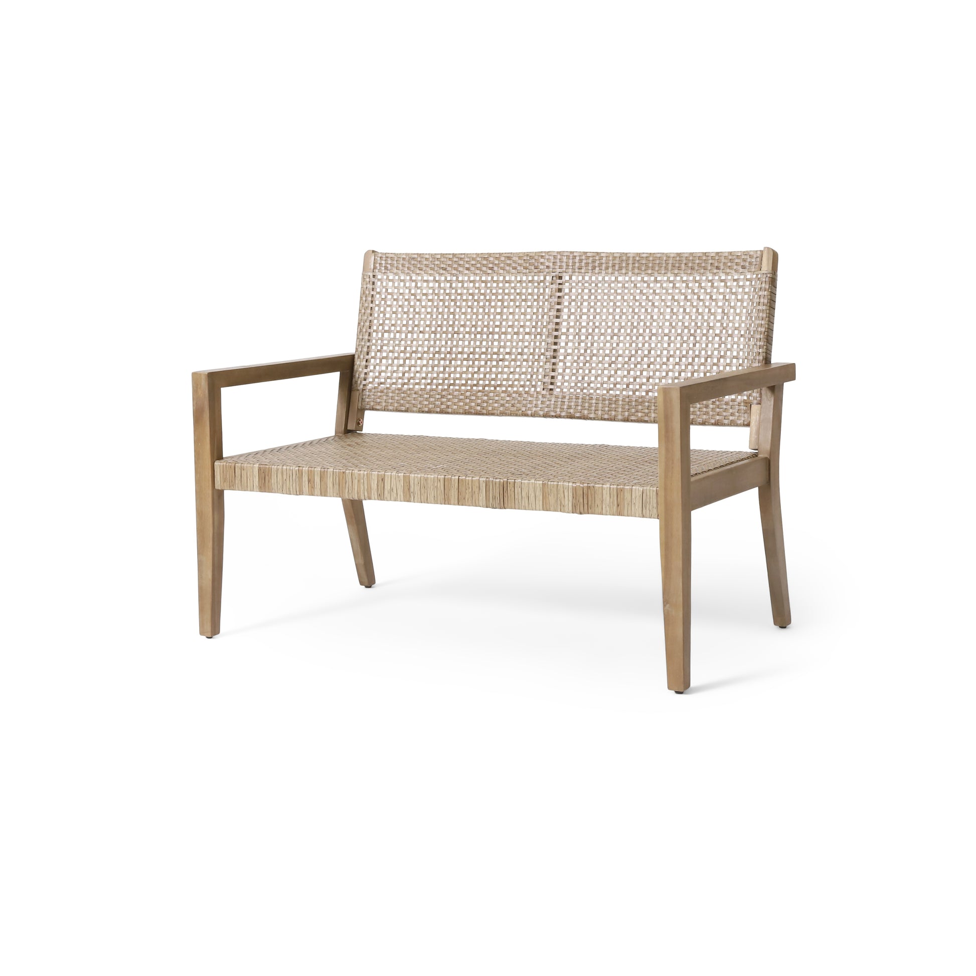 Outdoor Wicker And Acacia Wood Loveseat, Light Multibrown And Light Brown, 34'' H X 46.5'' W X 27.25'' D Brown Acacia Wood