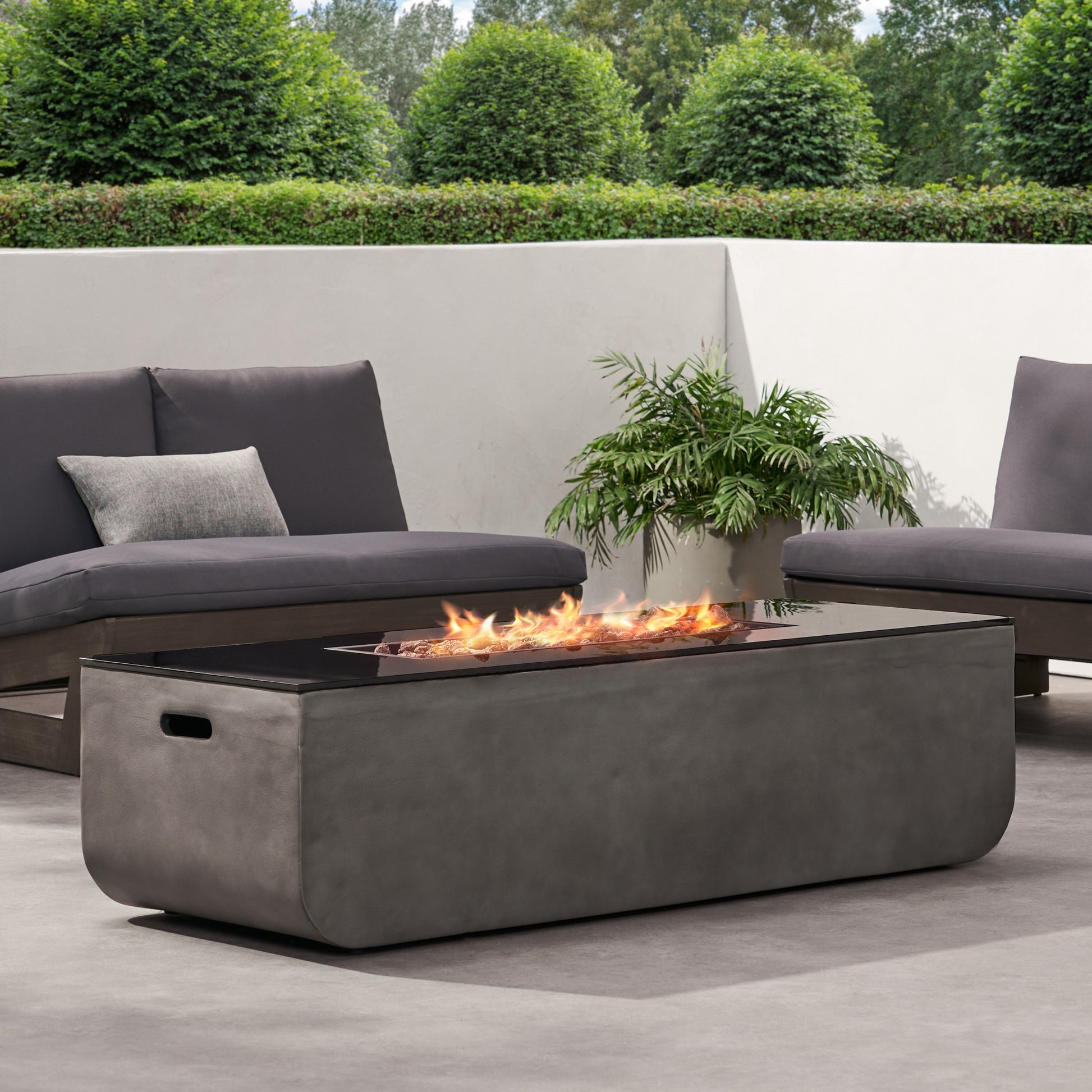 56" Outdoor Patio Concrete Fire Table, Rectangle Gas Burning Fire Pit 50, 000 Btu, Light Grey Black Top Tank Cover Not Included Black Gray Magnesium Oxide