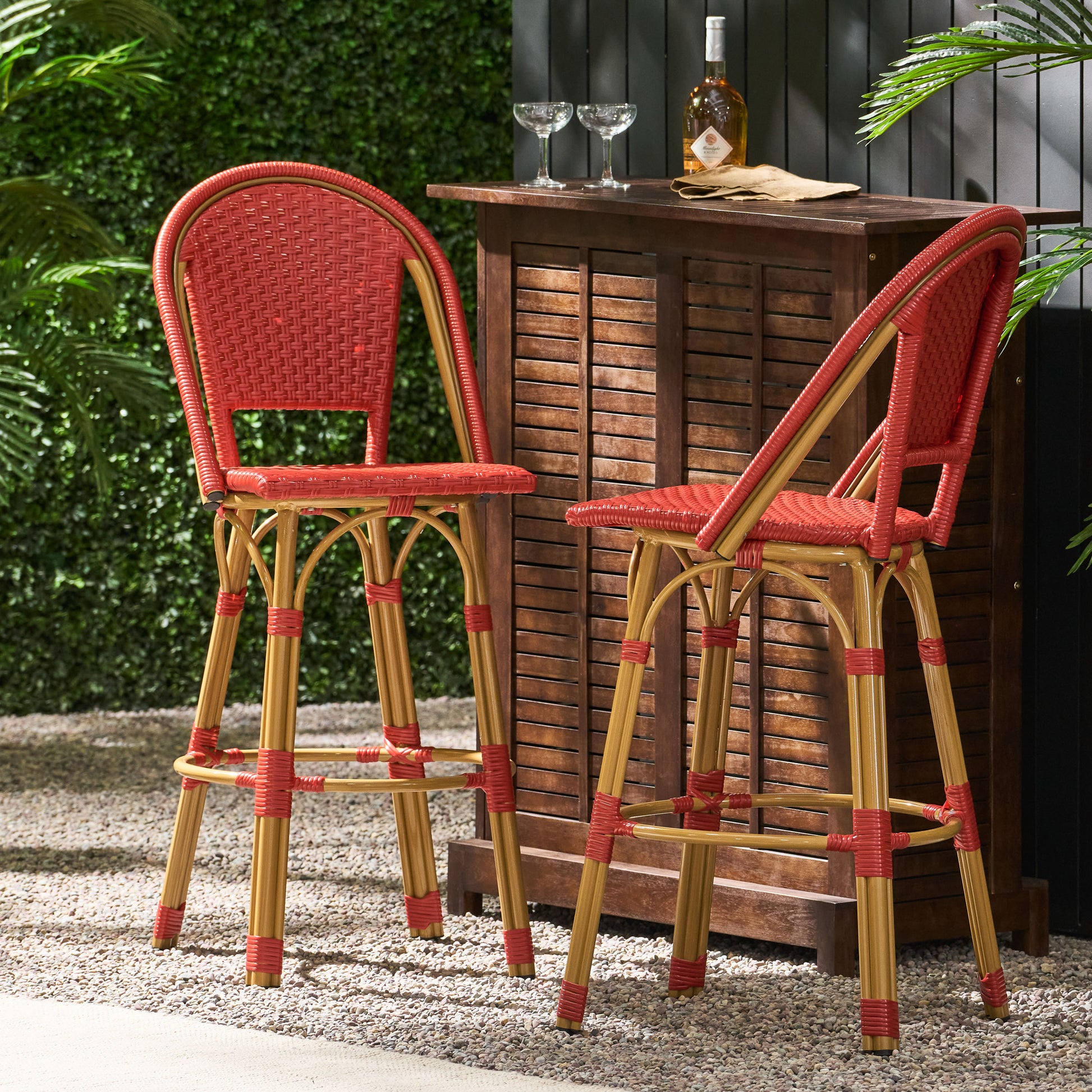 29.5" Outdoor Pe Rattan And Aluminum French Barstools, Set Of 2, Red And Bamboo Finish No Red Rust Resistant Frame Garden & Outdoor French 2 Person Seating Group Aluminum,Wicker