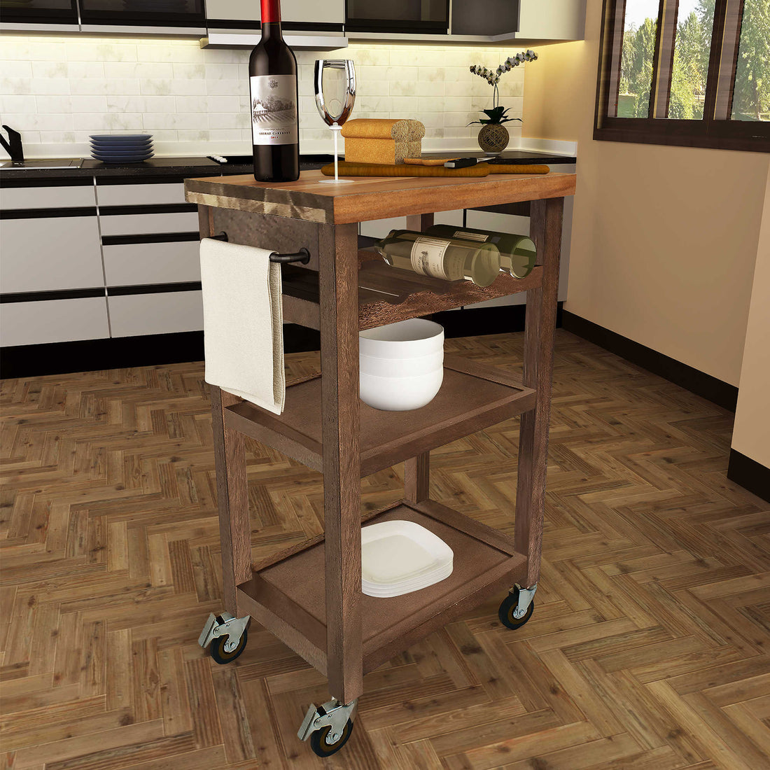 Belden Kitchen Cart Gray Dark Brown Wood