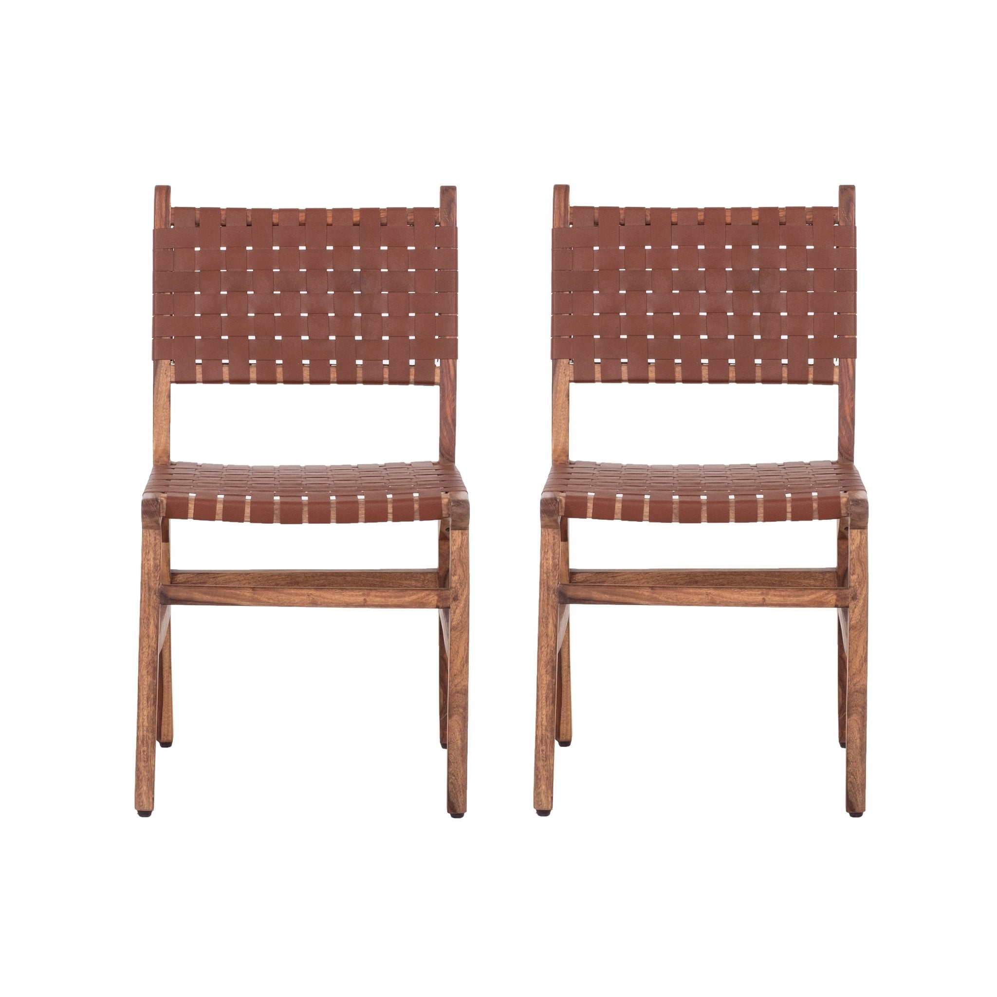 Upholstered Dining Chair Set Of 2, Genuine Leather Woven Side Chair, Rustic Hardwood Frame, Brown Wood Geometric Brown Brown Dining Room Rectangular Rustic Dining Chairs Set Of 2 Leather Wood