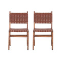 Upholstered Dining Chair Set Of 2, Genuine Leather Woven Side Chair, Rustic Hardwood Frame, Brown Wood Geometric Brown Brown Dining Room Rectangular Rustic Dining Chairs Set Of 2 Leather Wood