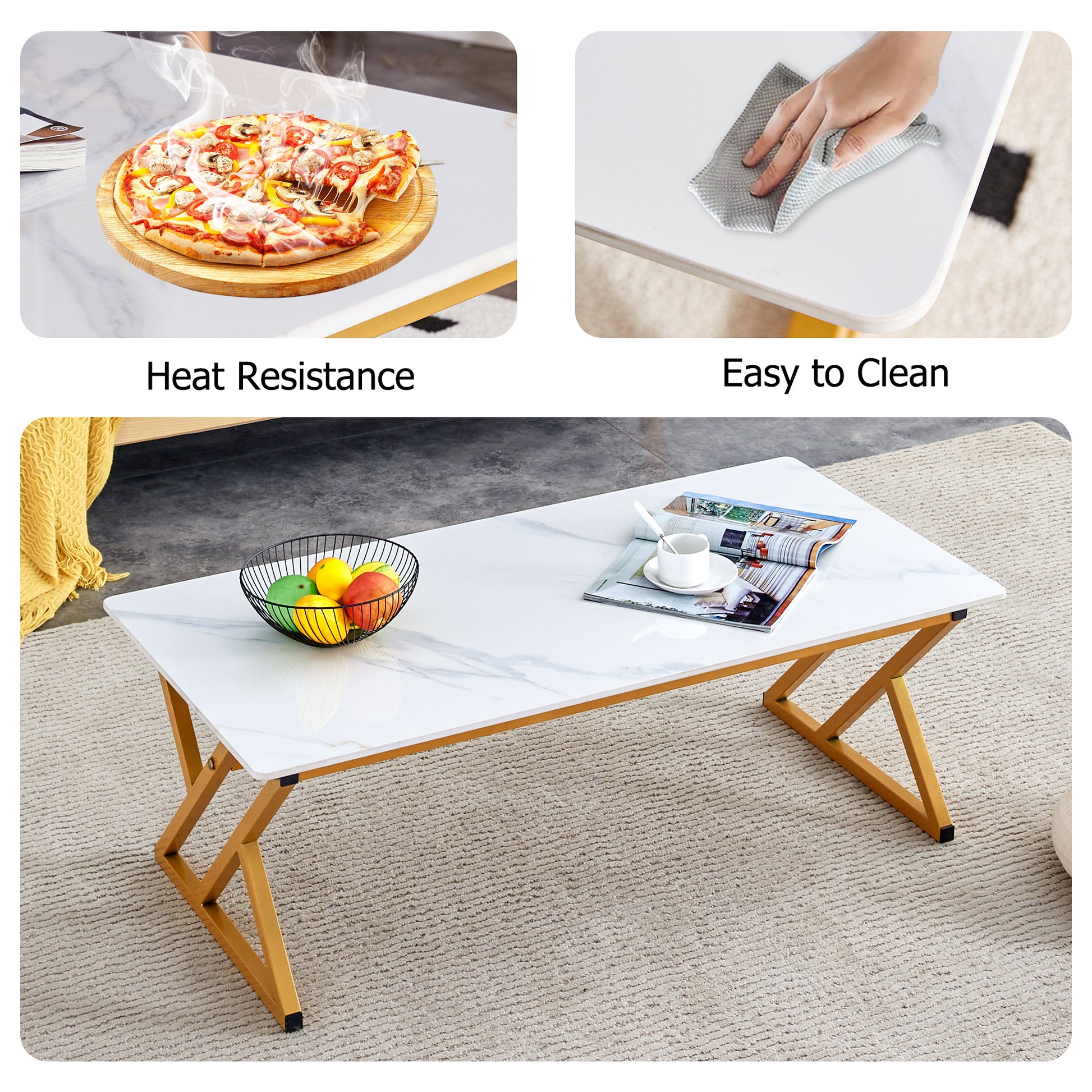 0.4Inch Thick White Marble Patterned Rock Table, Easy To Clean, Paired With Golden Metal Legs, Sturdy And Durable. Large Size Can Meet Various Needs.Can Be Used As A Dining Table, Coffee Table.47*23.6 White Sintered Stone
