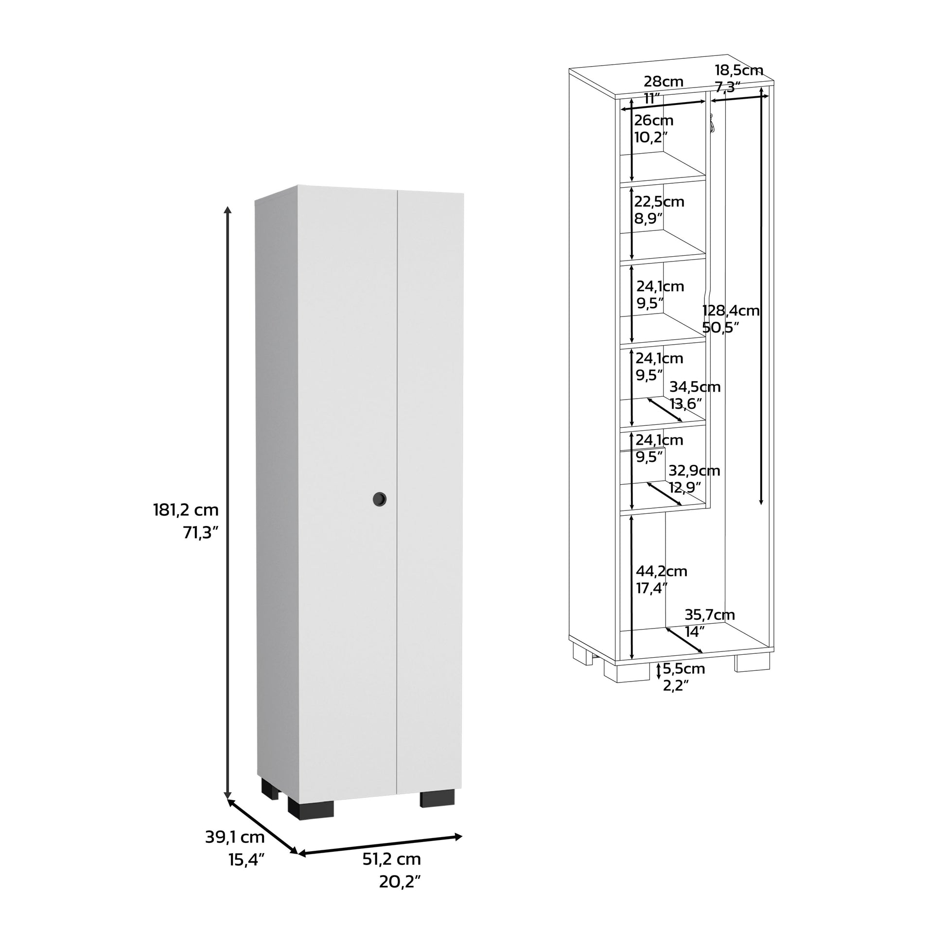Broom Cabinet Double Door Design With Inner Shelves And Side Hangers, White White Solid Wood Mdf Engineered Wood