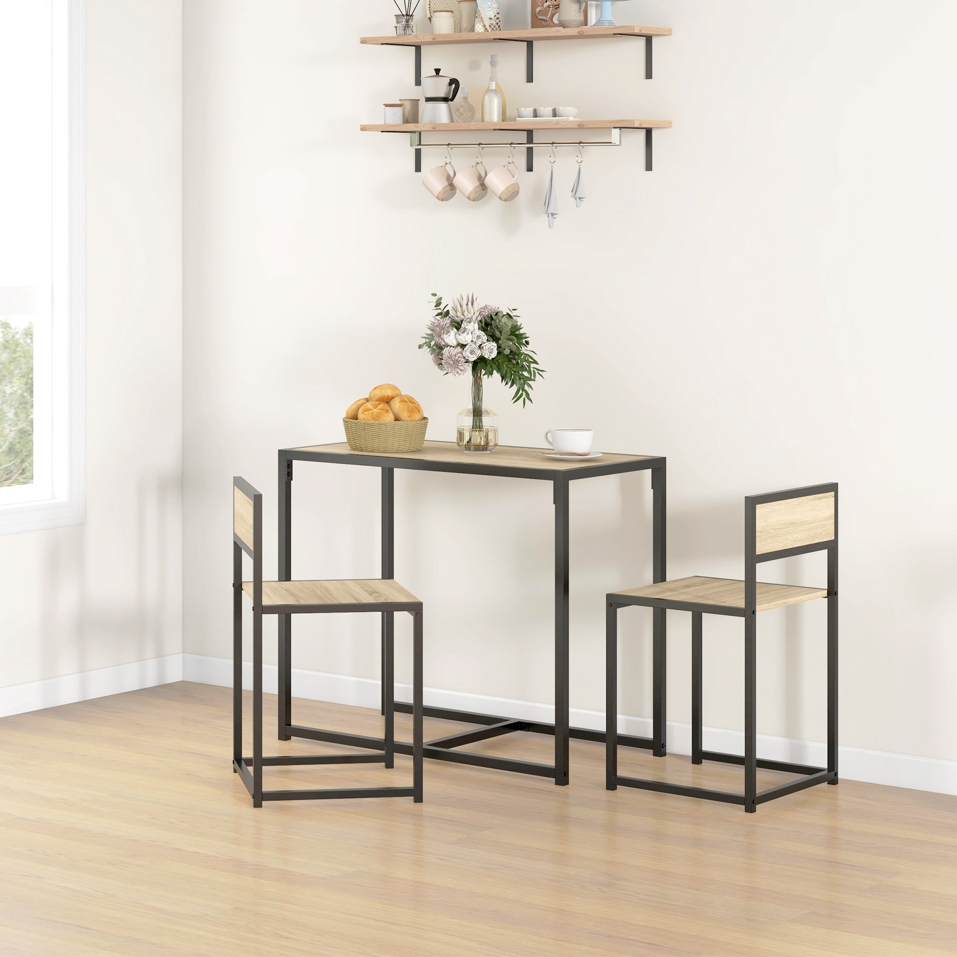Homcom 3 Piece Industrial Dining Table Set For 2, Kitchen Table And Chairs, Dining Room Sets For Small Spaces, Oak Oak Mdf