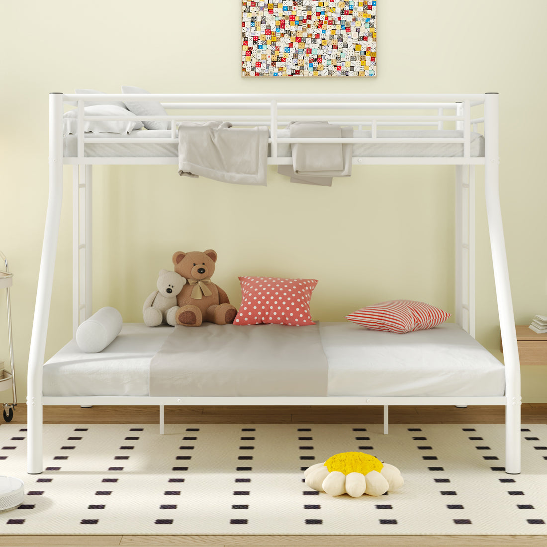 Twin Xl Over Queen Metal Bunk Bed With Ladder And Guardrails, White Expected Arrival Time: 9.7 Box Spring Not Required Twin Xl White Metal Metal