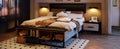 Queen Size Wood Platform Bed With Upholstered Headboard, Lights And Storage Nightstand, Bench, Walnut Box Spring Not Required Queen Walnut Wood Bedroom Bed Frame Faux Leather Solid Wood Mdf