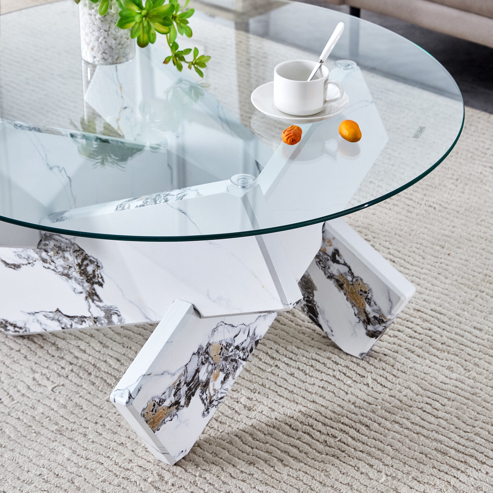 Round Glass Coffee Table, 33.4 "Modern Design Unique Coffee Table. Tempered Glass Countertop With White Patterned Mdf Legs. Suitable For Living And Dining Rooms White Mdf Glass