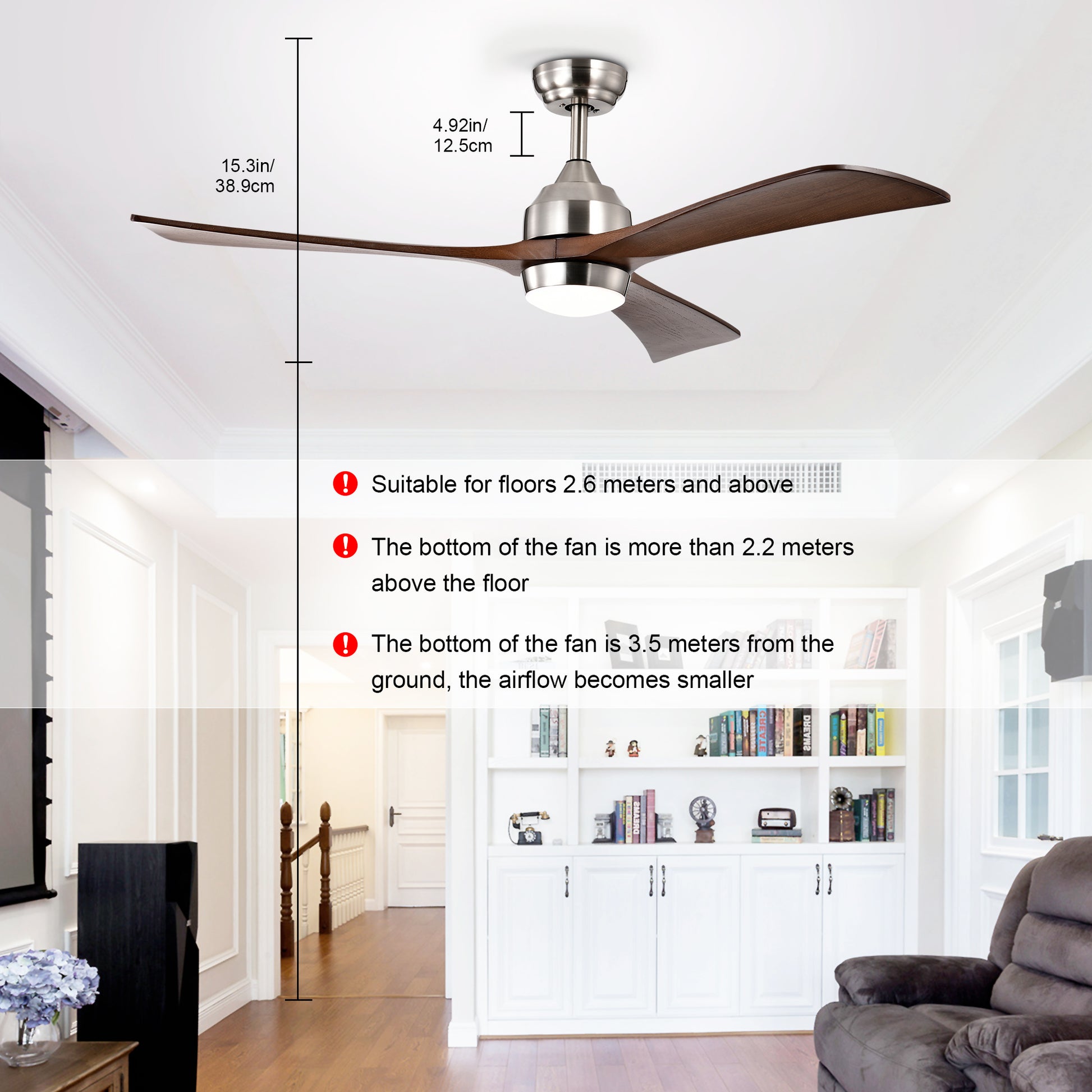 52" Ceiling Fan With Lights Remote Control,Quiet Dc Motor 3 Wood Blade Ceiling Fans 6 Speed Levels,Reversible Ceiling Fan, For Patio Living Room, Bedroom, Office,Indoor. Stain Nickel Walnut Nickel Contemporary,Farmhouse,Industrial Wood Iron