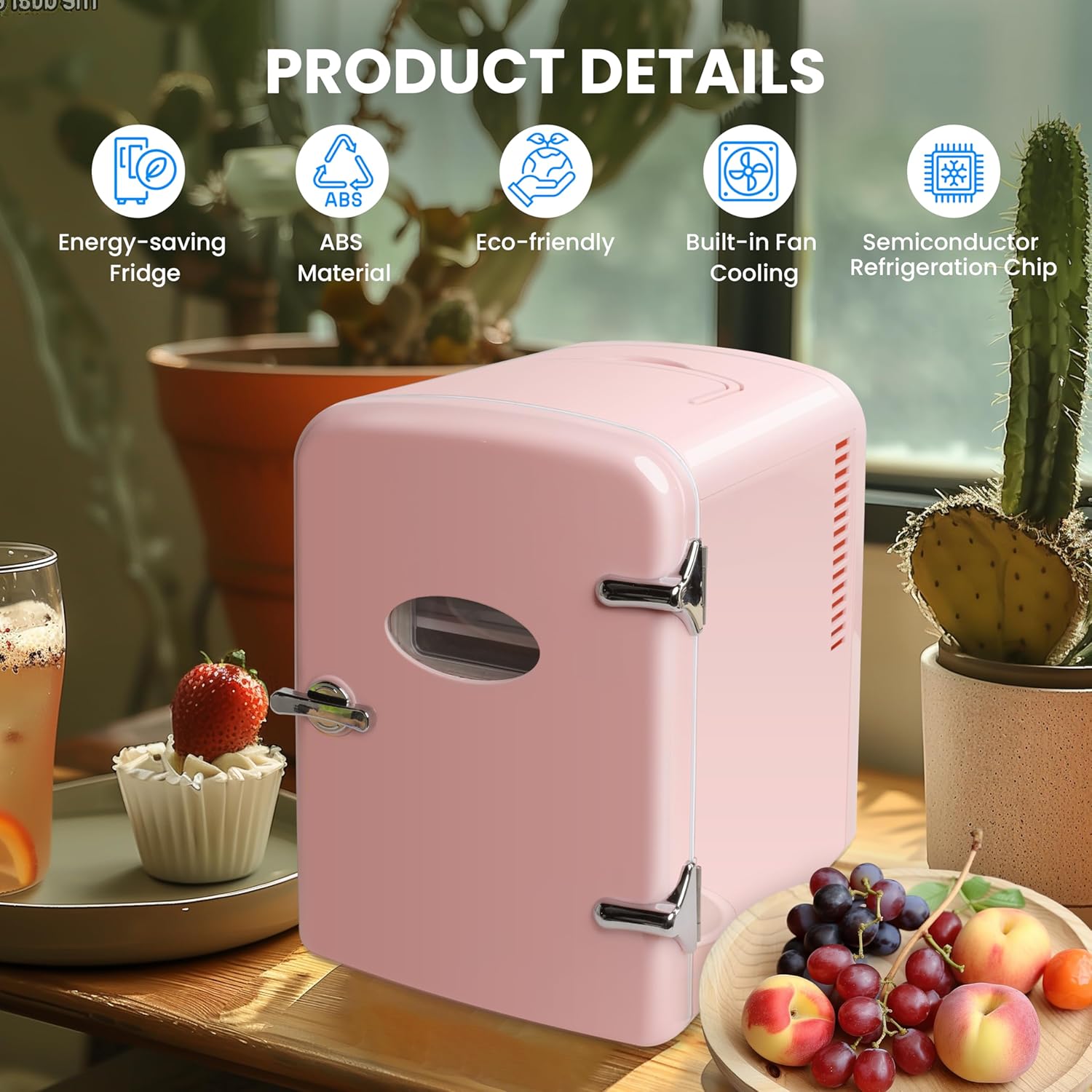 4L Portable Mini Fridge Warmer And Cooler Six 12Oz Cans Compact Refrigerator, 100% Freon Free & Eco Friendly, 4 L, Pink Pink Polypropylene