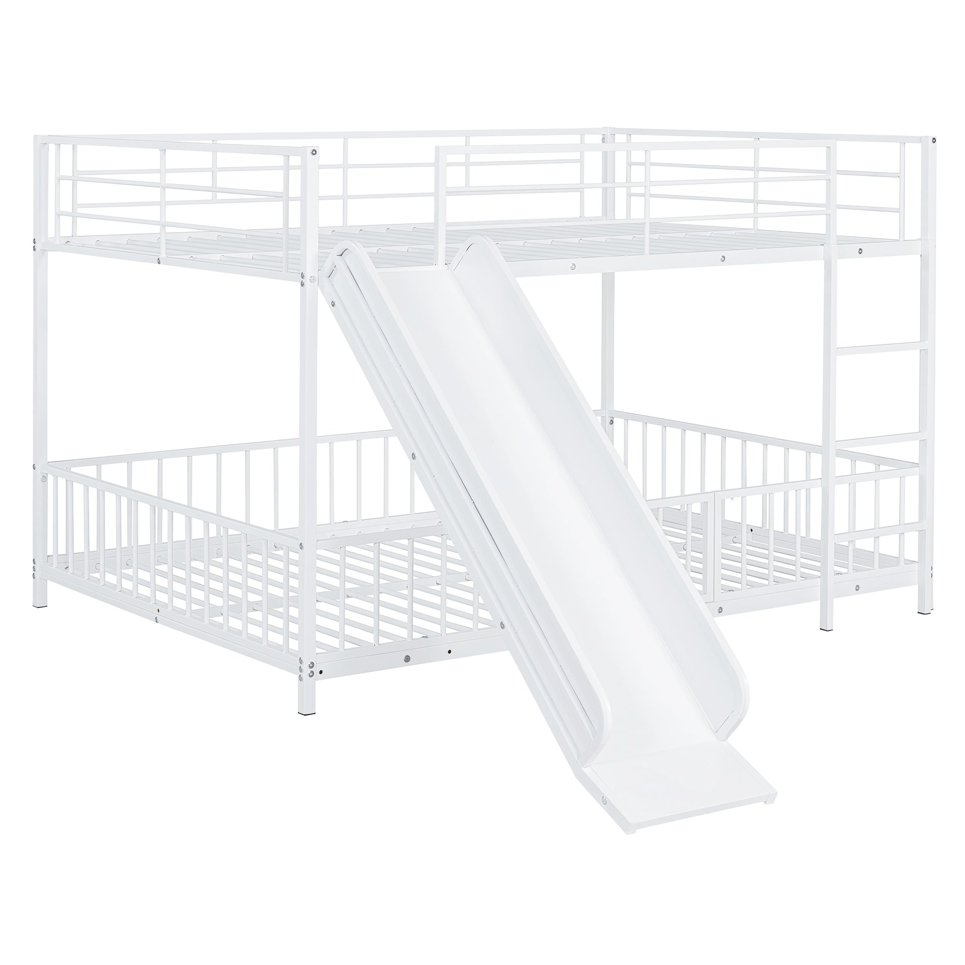 Full Over Full Size Metal Bunk Bed With Slide And Guardrails, White Full White Metal