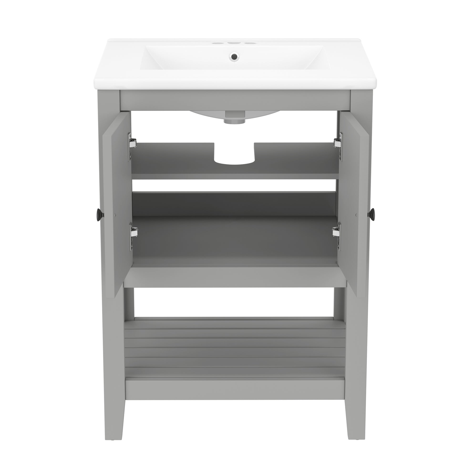 Video 24" Grey Modern Sleek Bathroom Vanity Elegant Ceramic Sink With Solid Wood Frame Open Style Shelf Grey Solid Wood