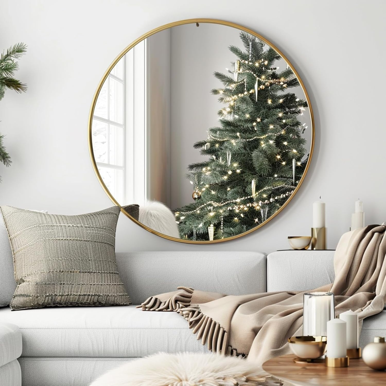 Gold 20 Inch Circle Mirror, Wall Mounted Mirror, Bathroom Mirrors For Over Sink, Circle Framed Mirrors For Bathroom, Living Room, Bedroom, Vanity, Entryway, Hallway Silver Aluminium