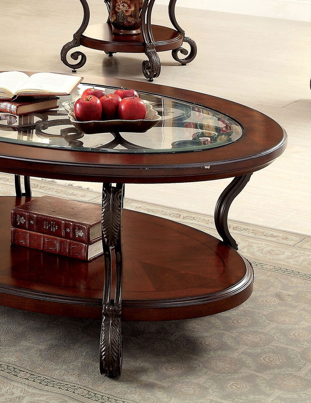 Traditional Style Brown Cherry 1Pc Coffee Table Open Bottom Shelf Ornate Design Glass Top Living Room Furniture Brown Multi Brown Primary Living Space Classic,Contemporary,Ornate Traditional,Traditional Open Storage Oval Coffee & End Tables Solid Wood