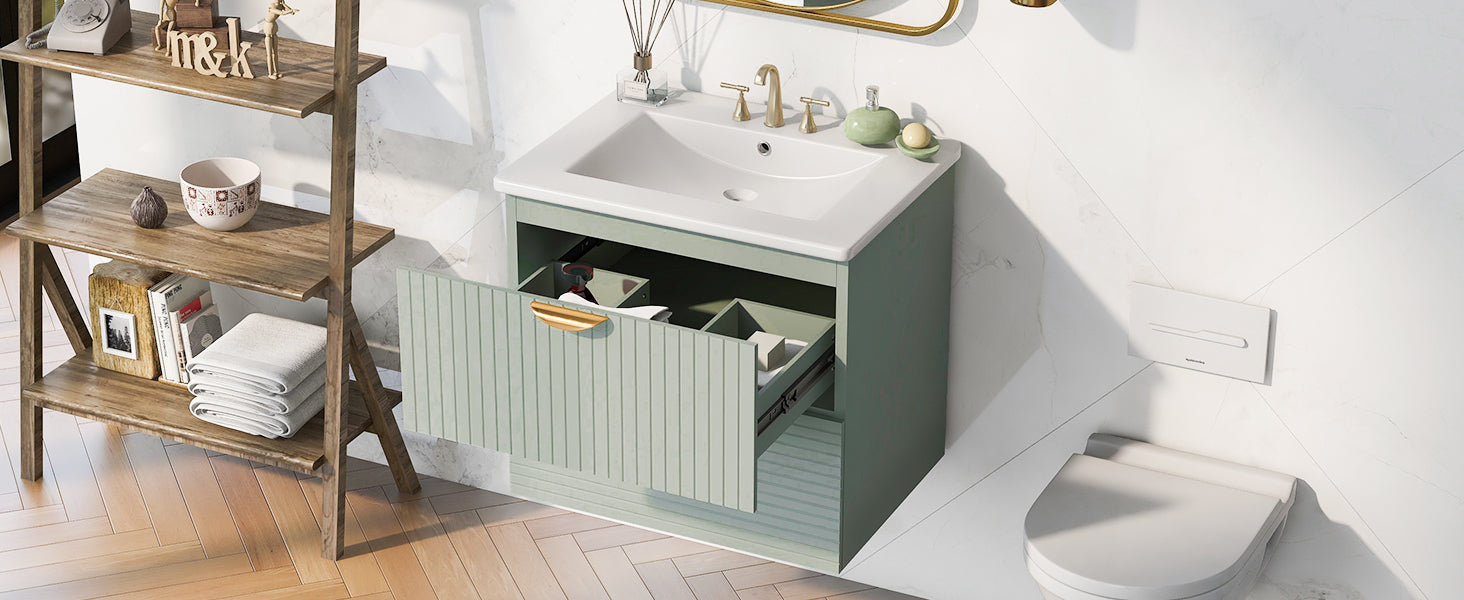 Modern 24 Inch Wall Mounted Bathroom Vanity With 2 Drawers, Green Ideal For Small Bathrooms Green Bathroom Mdf