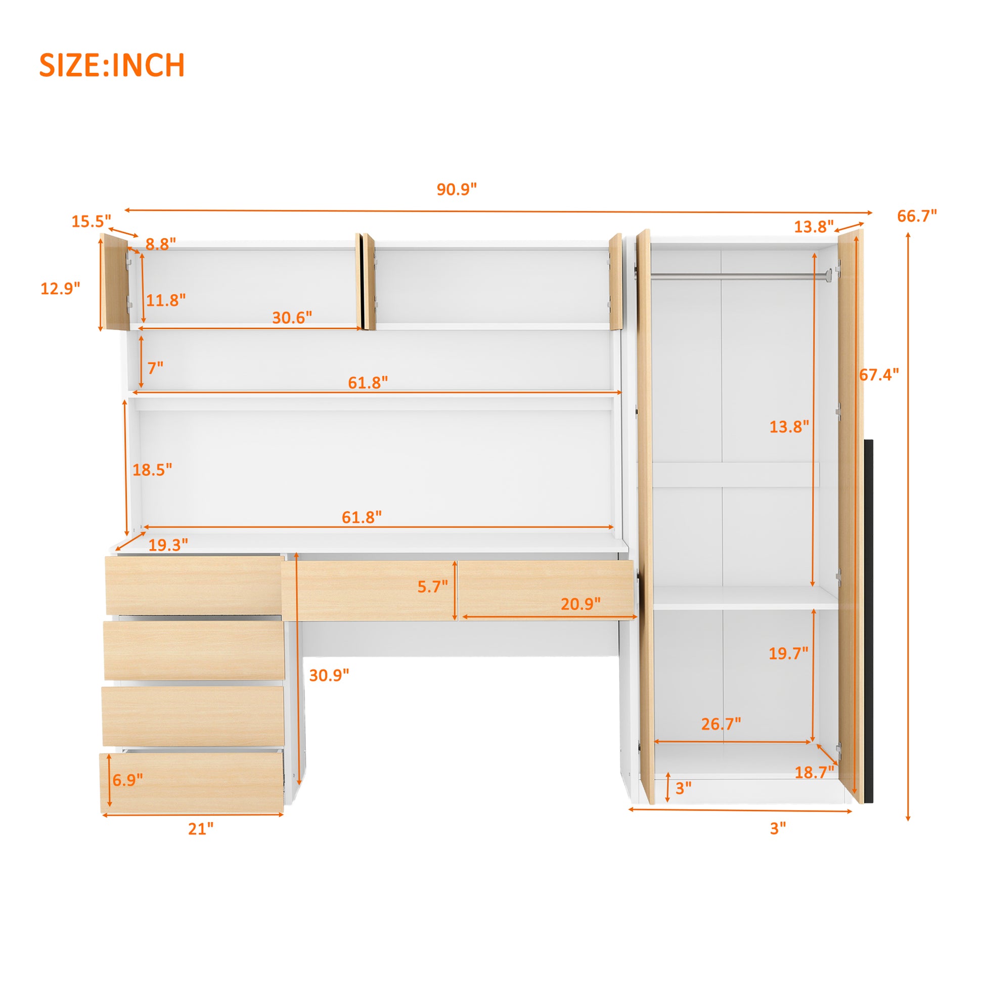 2 Door Wooden Storage Desk Wardrobe For Bedroom With Shelves And Drawers,Natural Natural Mdf Lvl