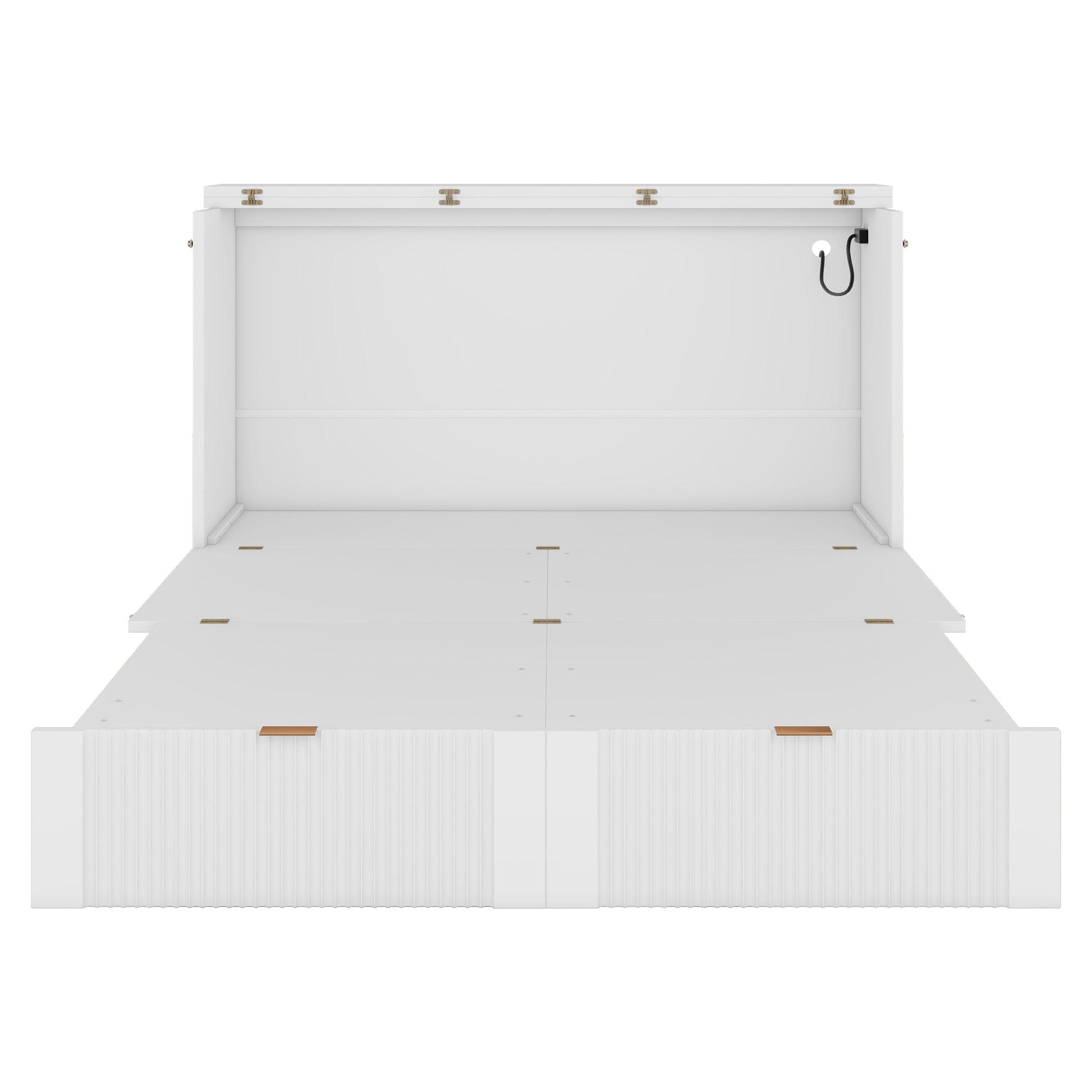 Full Size Murphy Bed With Drawer And A Set Of Sockets & Usb Ports, Pulley Structure Design, White Full White Plywood